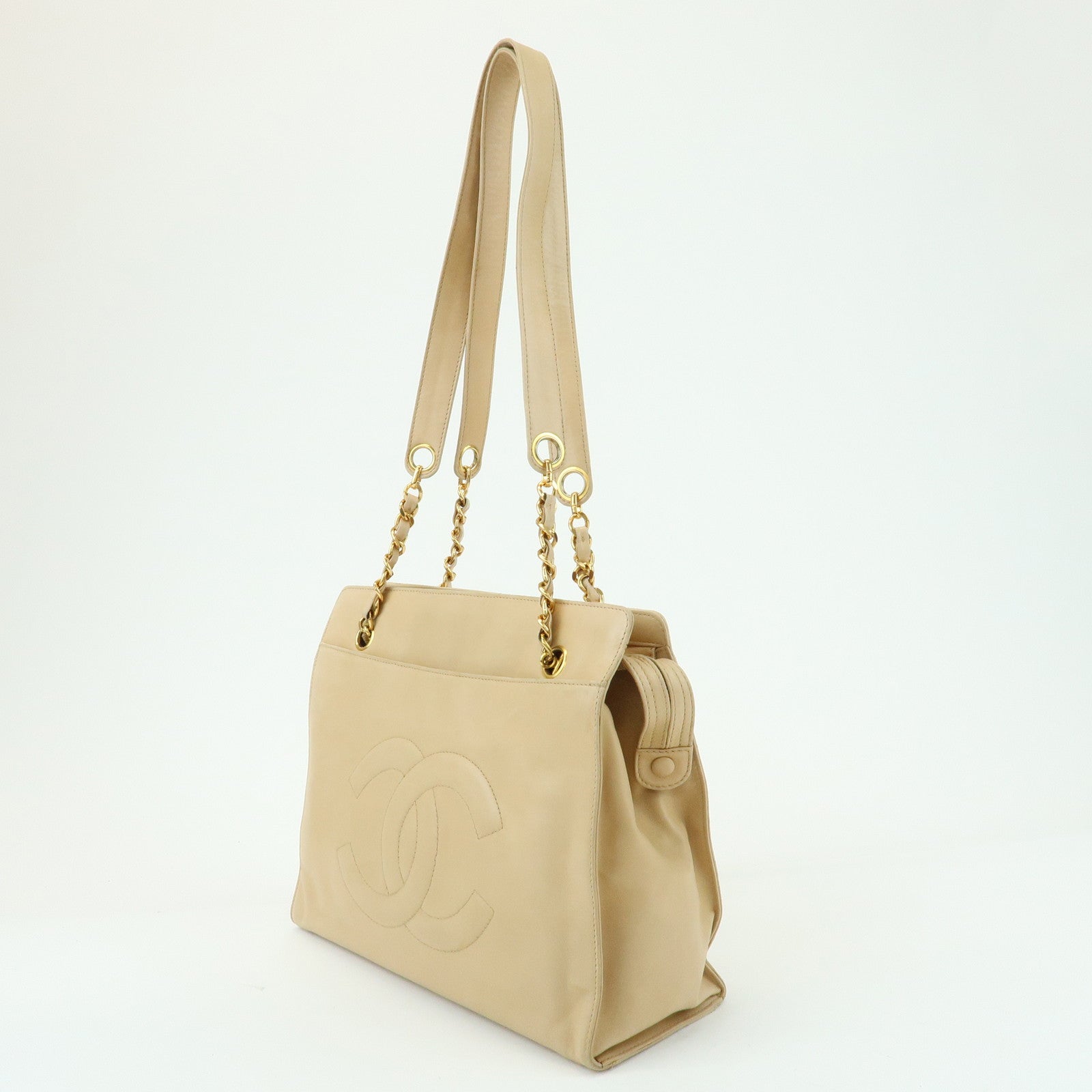 CHANEL COCO Mark Lamb Skin Chain Shoulder Bag Tote Bag Beige Gold