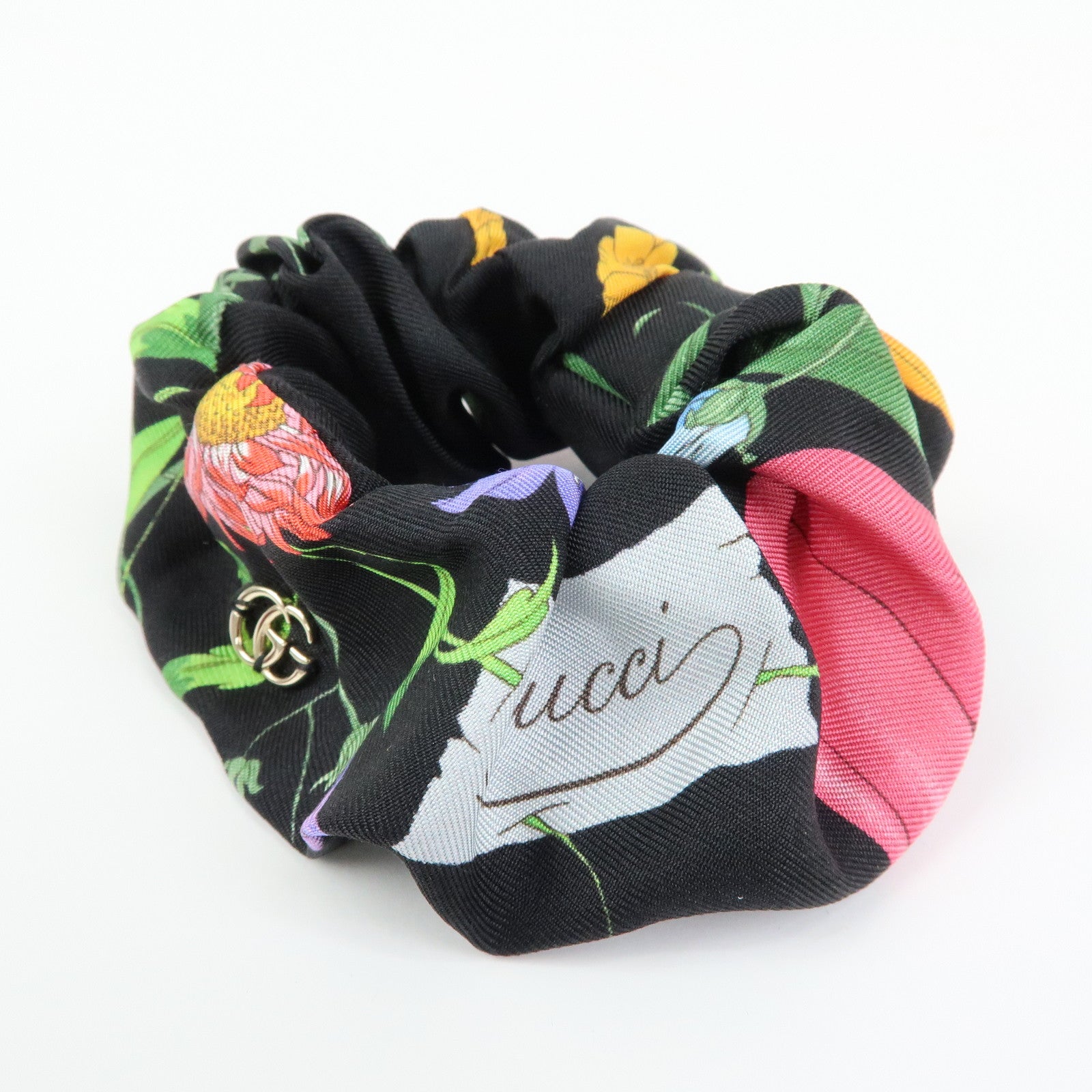 GUCCI Flora Double G Silk 100% Scrunchie Hair Accessory Black