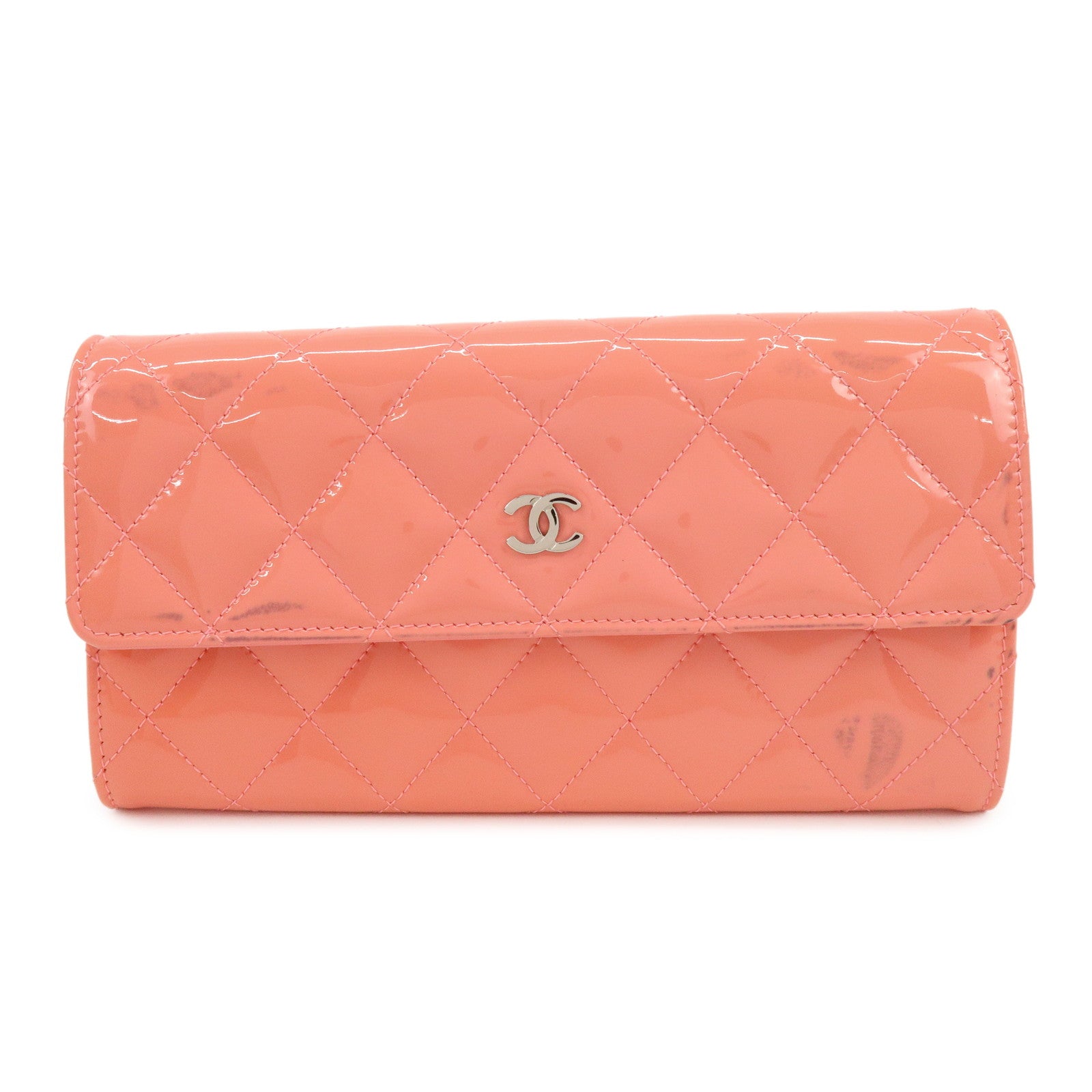 CHANEL COCO Mark Matelasse Patent Leather Long Wallet Salmon Pink
