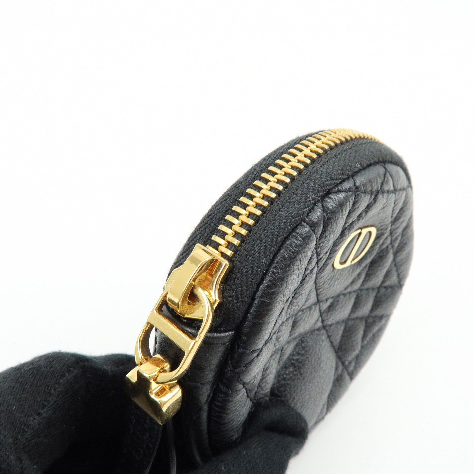 Christian Dior Caro Cannage Calf Skin Round Coin Case Bag Charm Black