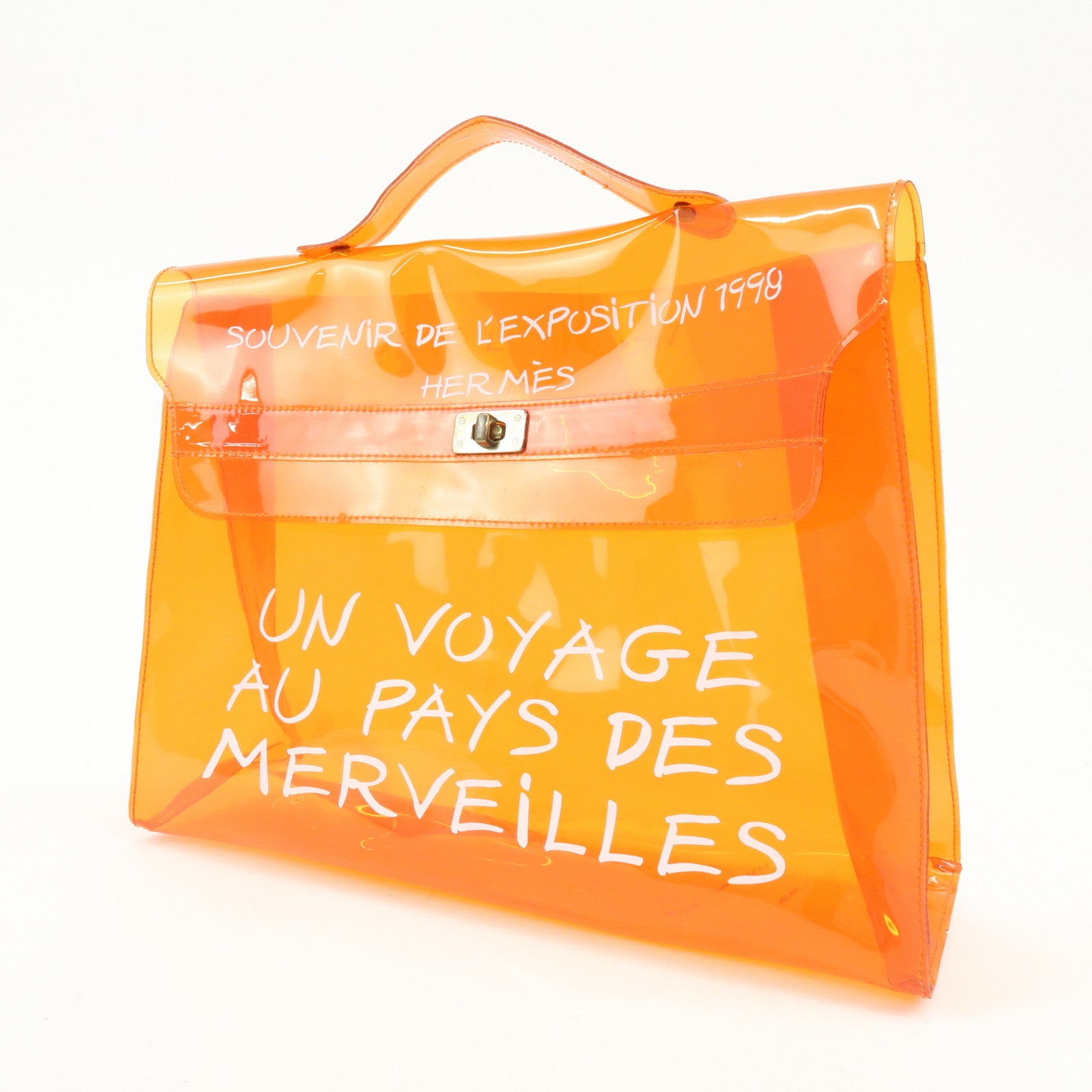 HERMES Kelly Vinyl Hand Bag Clear Orange