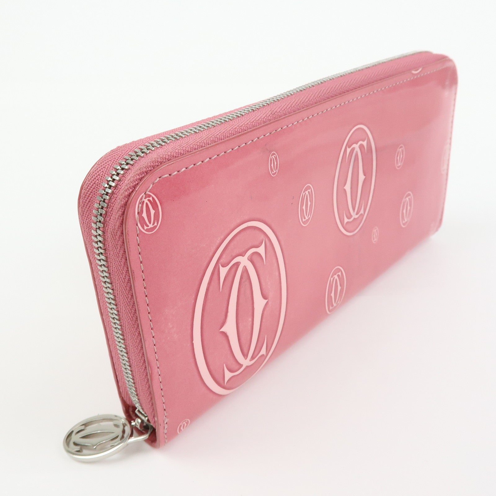 Cartier Happy Birthday Patent Leather Round Zippy Long Wallet Pink