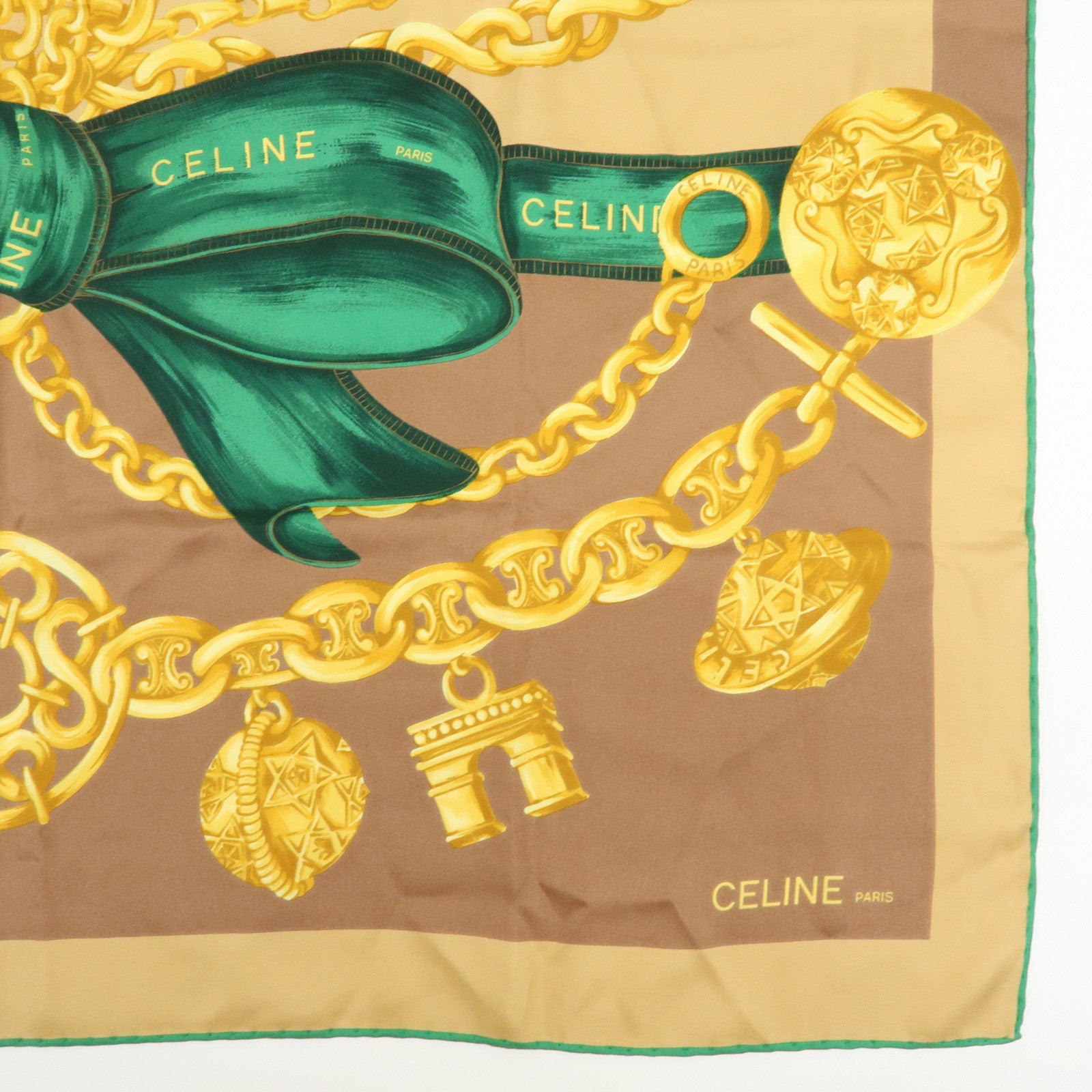 CELINE Silk 100% Scarf Ribbon Chain Brown Green Beige