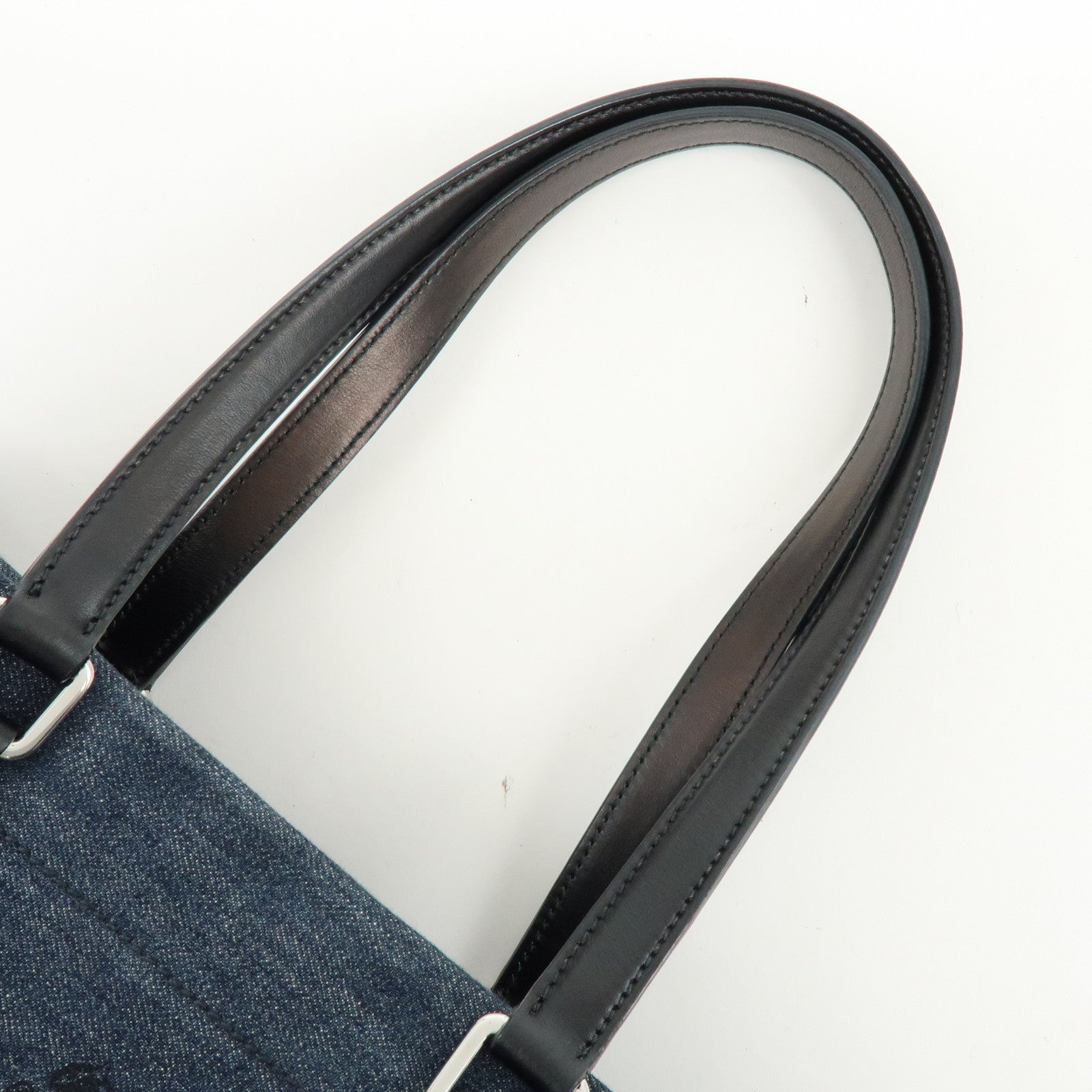 PRADA Logo Denim Leather Tote Bag Shoulder Hand Bag Navy Black 1BG356