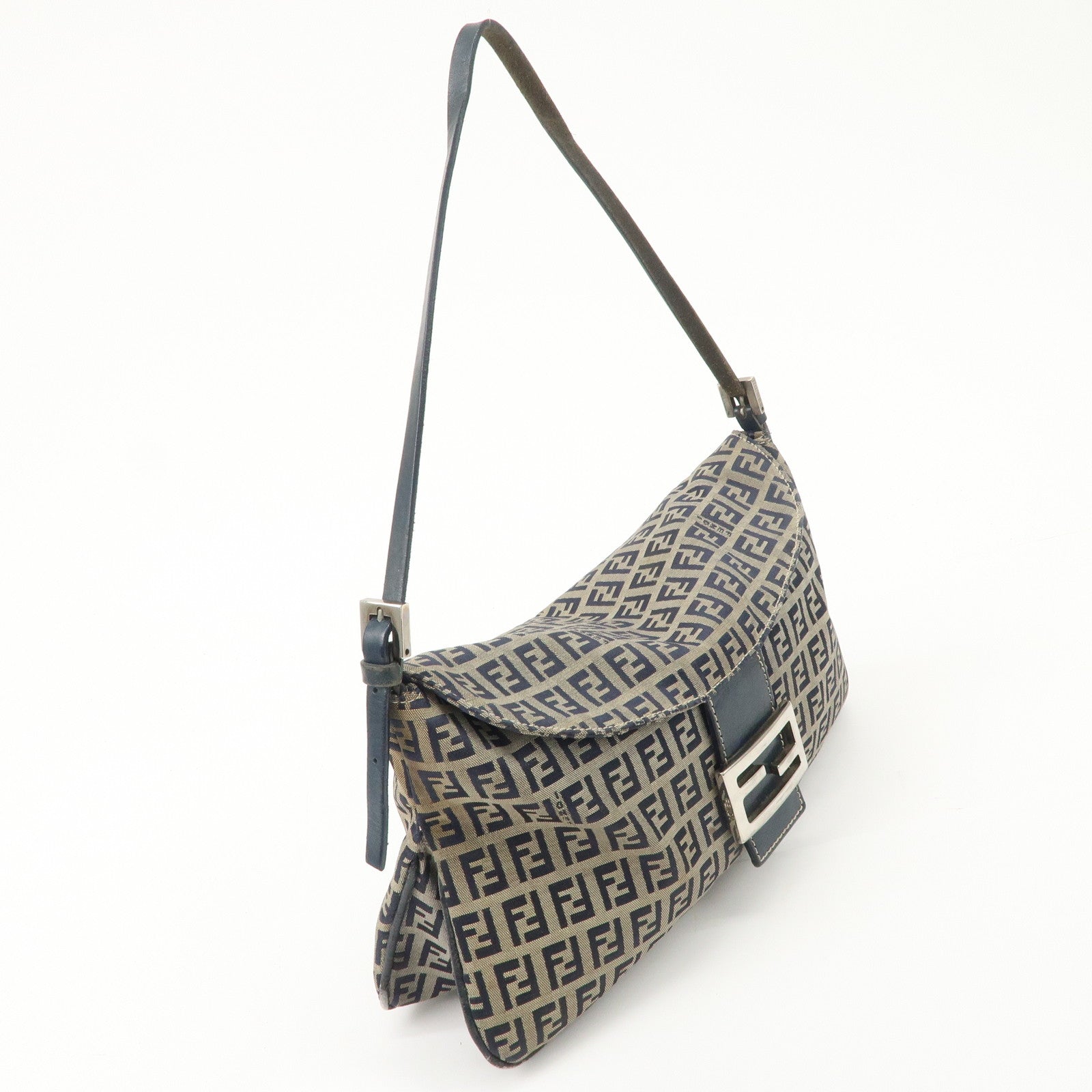 FENDI Zucchino Canvas Leather Shoulder Bag Hand Bag Grey Navy 26796 Used