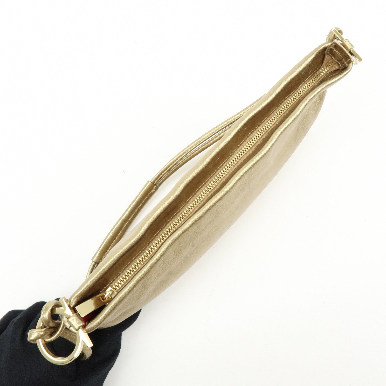 Ferragamo Gancini Nappa Leather Shoulder Hand Bag Gold