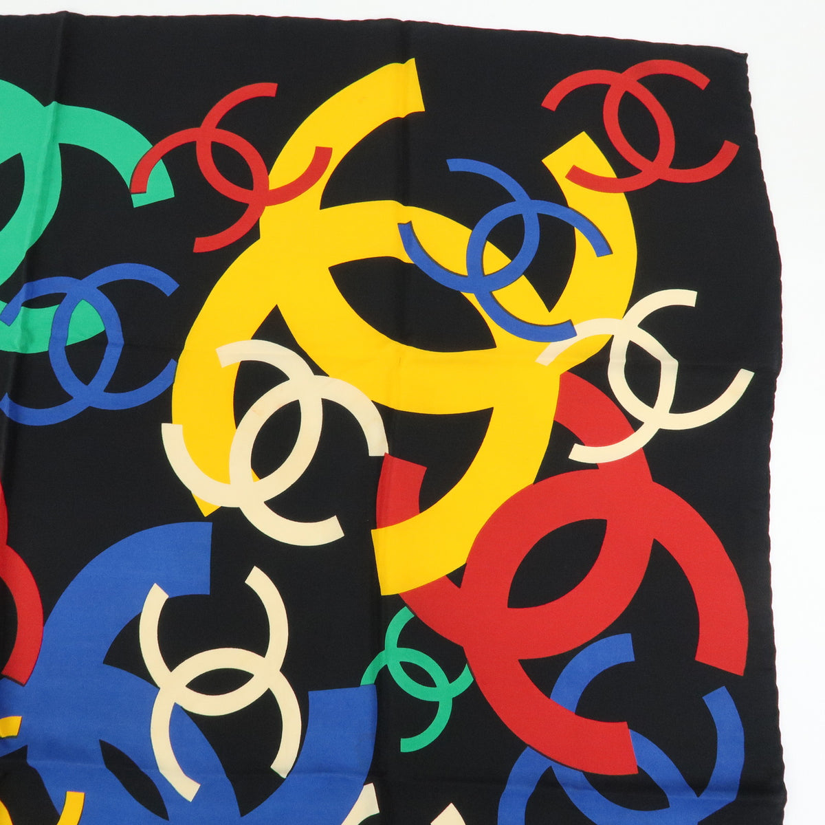 CHANEL COCO Mark Silk 100% Scarf Shawl Black Multicolor