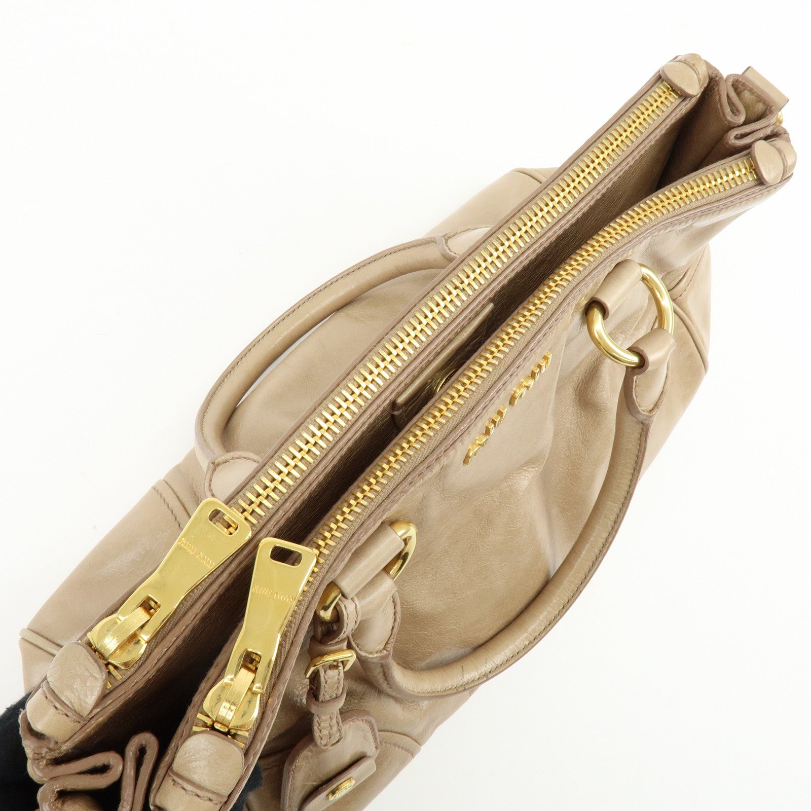MIU MIU Leather 2Way Bag Hand Bag Shoulder Bag Key Ring Beige RN1127
