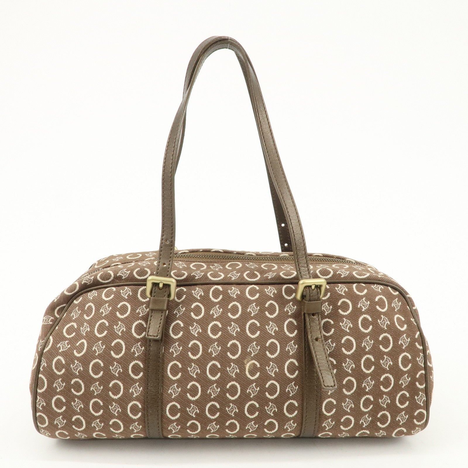 CELINE C Macadam Canvas Leather Boston Bag Hand Bag Brown White Used