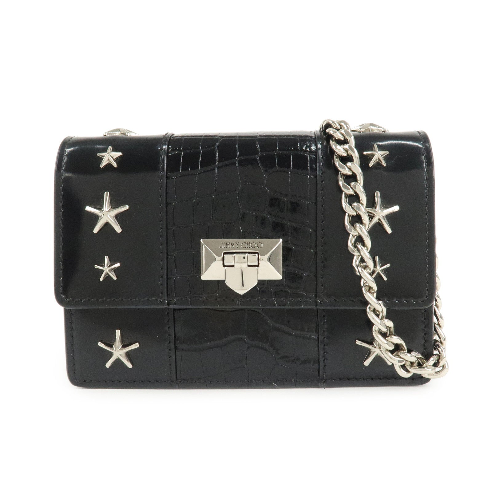 JIMMY CHOO Leather Star Studs Chain Shoulder Bag Crossbody Bag Black Used