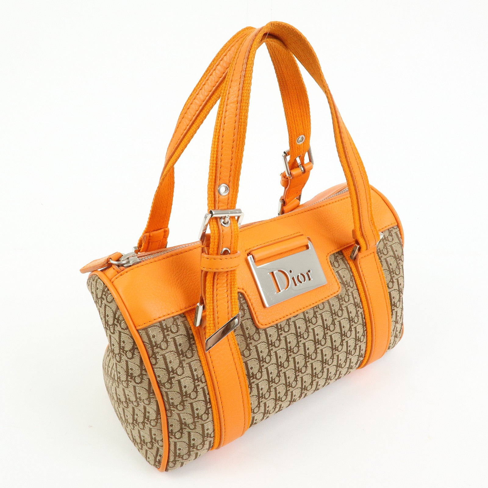 Christian Dior Trotter Jacquard Canvas Leather Hand Bag Beige Orange