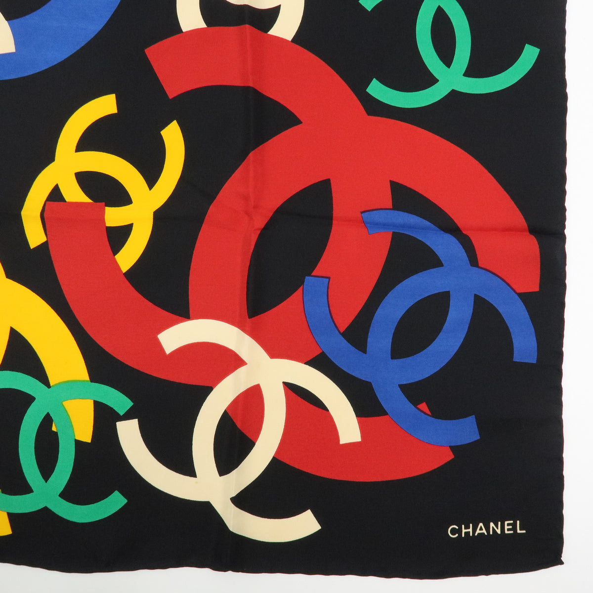 CHANEL COCO Mark Silk 100% Scarf Shawl Black Multicolor