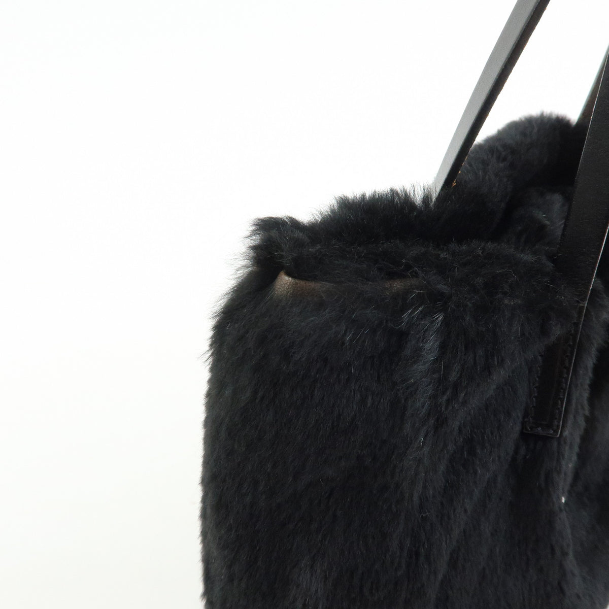 FENDI FF Logo Lapin Rabbit Fur Leather Shoulder Tote Bag Black 16001