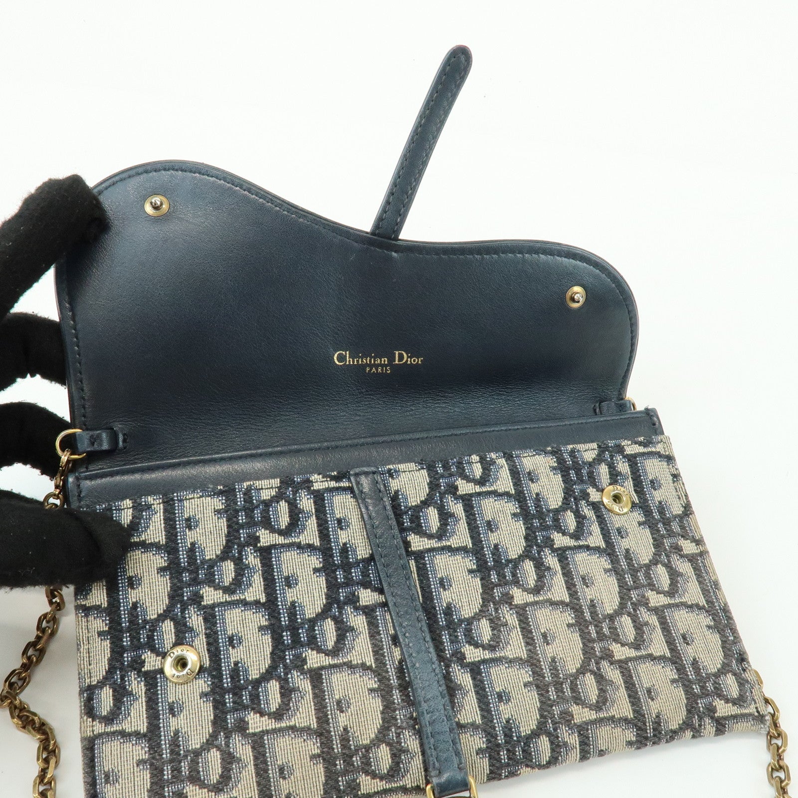Christian Dior Oblique Saddle Canvas Leather Chain Wallet WOC Navy