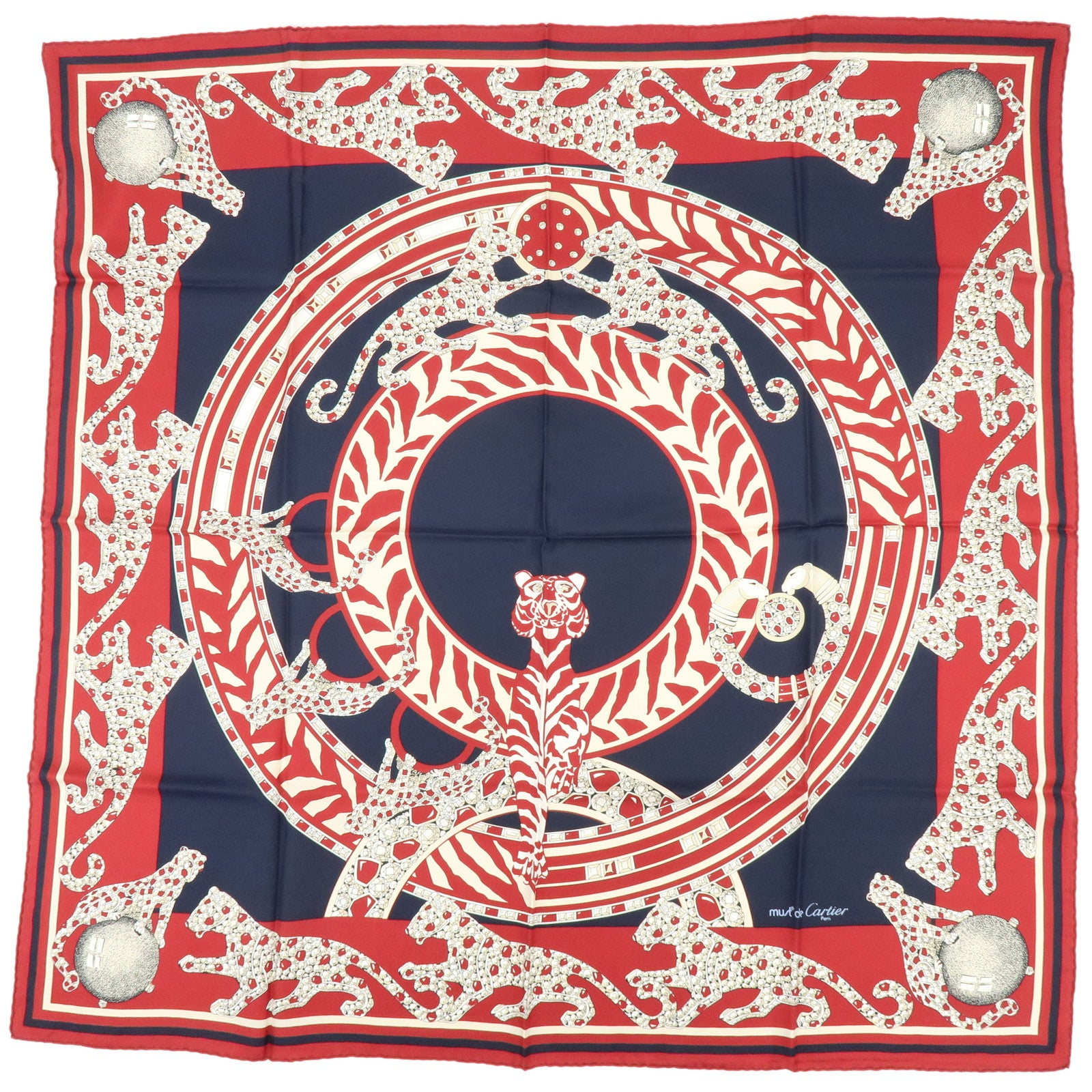 Cartier Must de Cartier Silk 100% Tiger Print Scarf Showl Red Navy