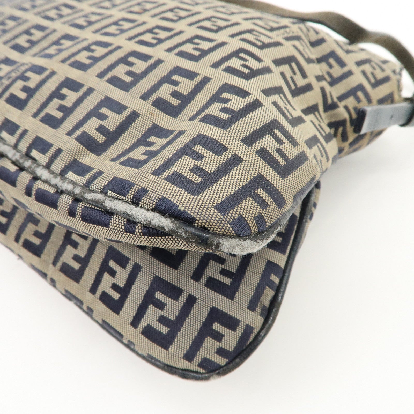 FENDI Zucchino Canvas Leather Shoulder Bag Hand Bag Grey Navy 26796 Used
