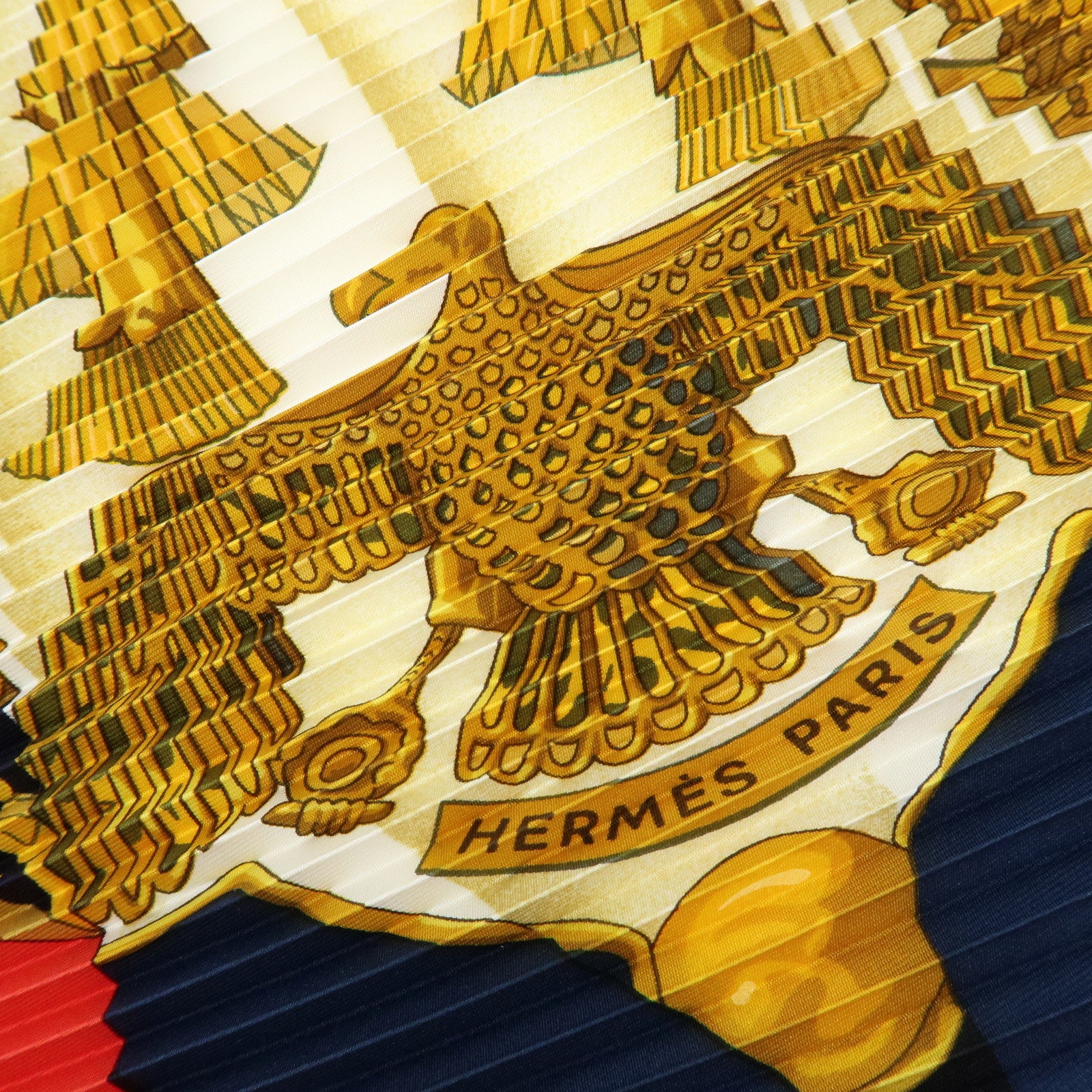 HERMES Pleated Carre Silk 100% Scarf SOLEIL DE SOIE Gold Red Navy