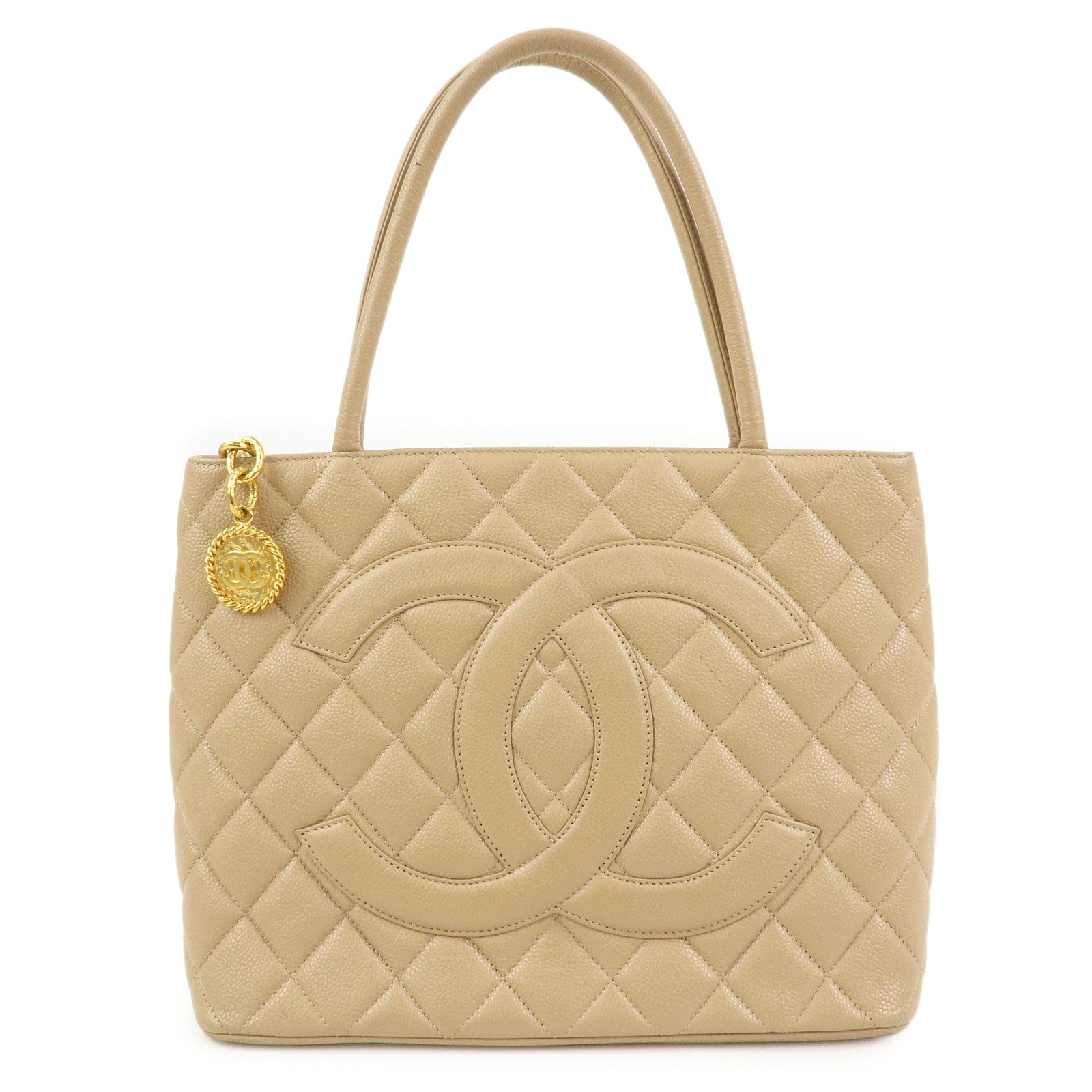 CHANEL Medallion Matelasse COCO Mark Caviarskin Tote Bag Beige A01804