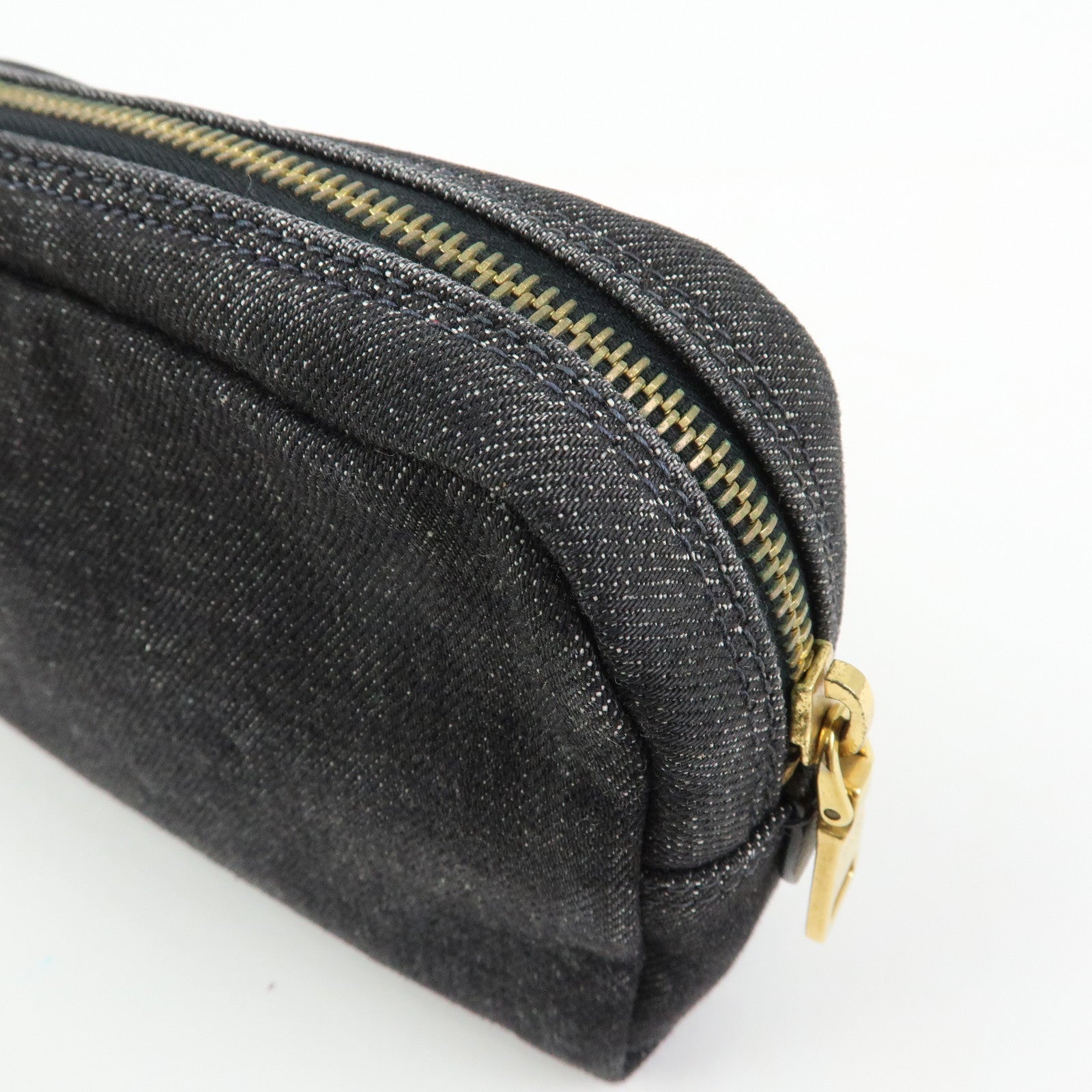 PRADA Triangle Logo Denim Cosmetic Pouch Black Gold