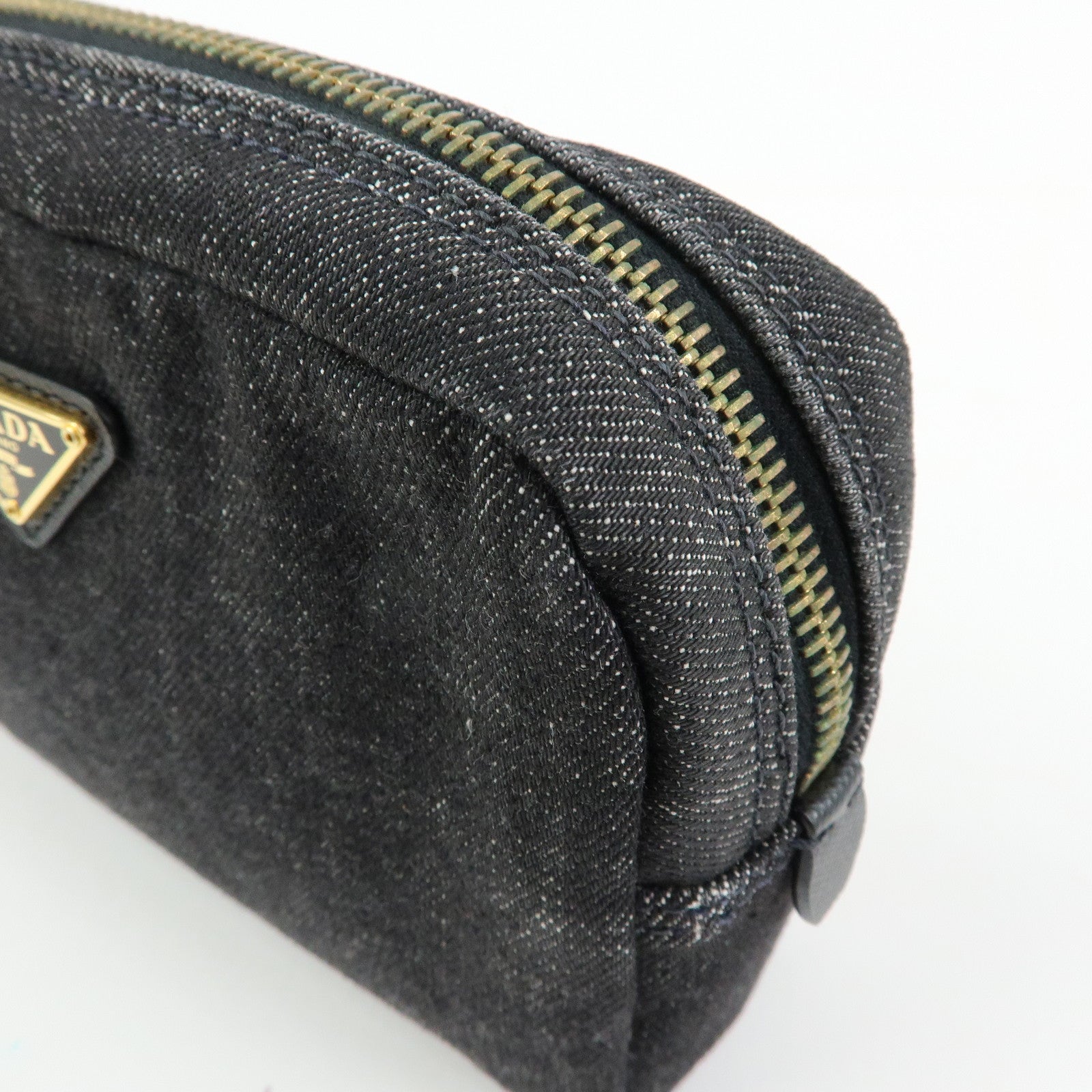 PRADA Triangle Logo Denim Cosmetic Pouch Black Gold