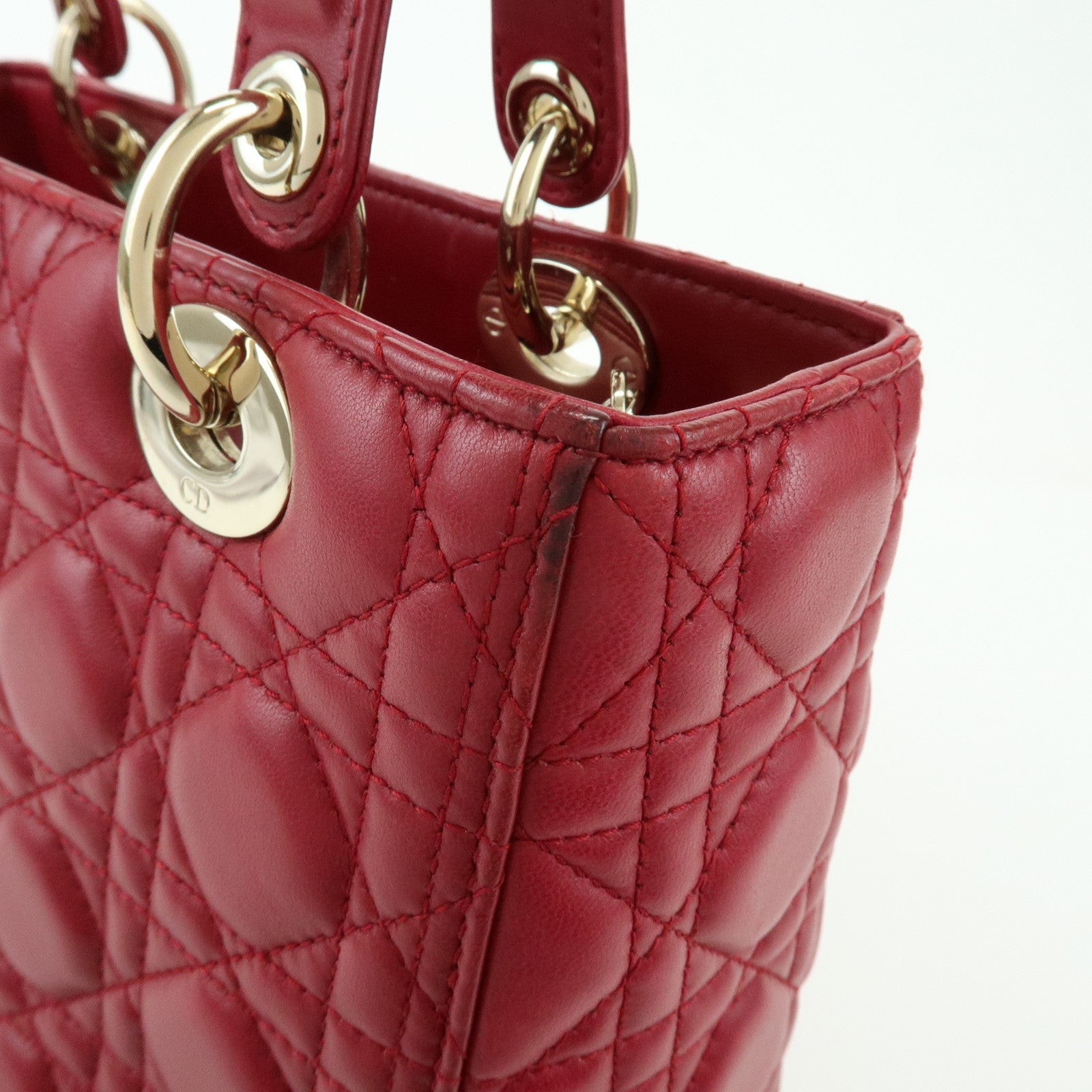 Christian Dior Lady Dior Cannage Lamb Skin Hand Bag Red
