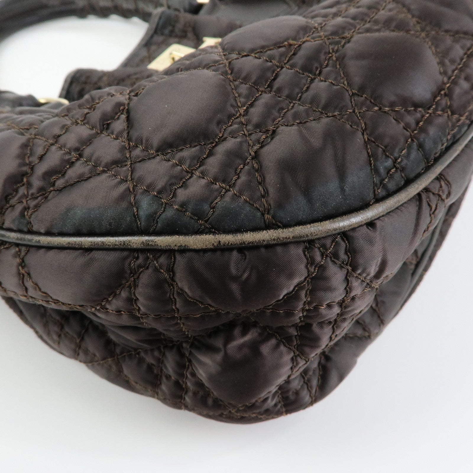 Christian Dior Lady Dior Cannage Nylon Leather Hand Bag Tote Bag Brown