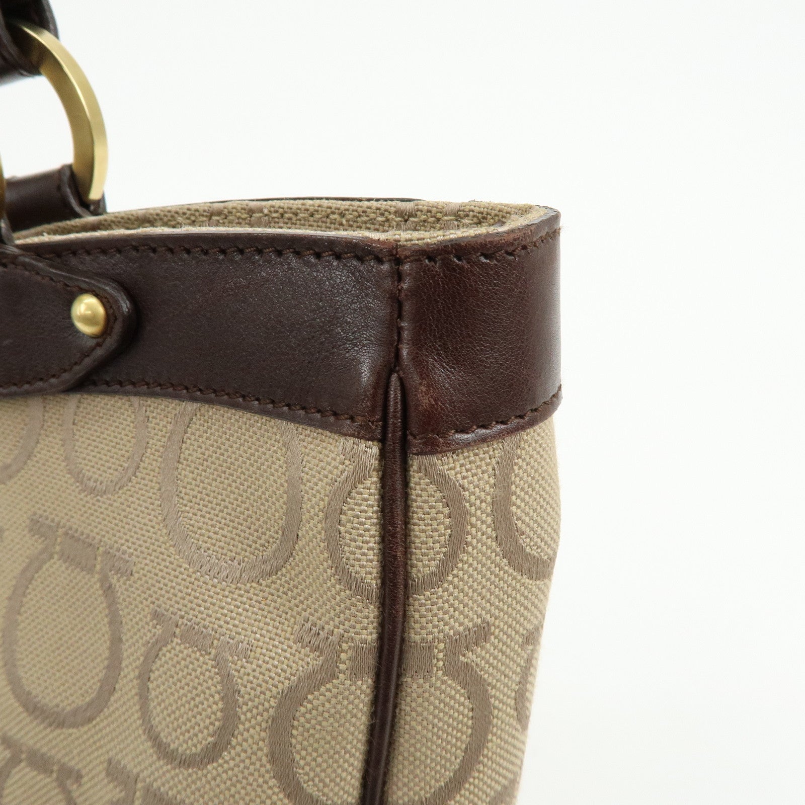 Ferragamo Gancini Canvas Leather Tote Bag Hand Bag Beige Brown
