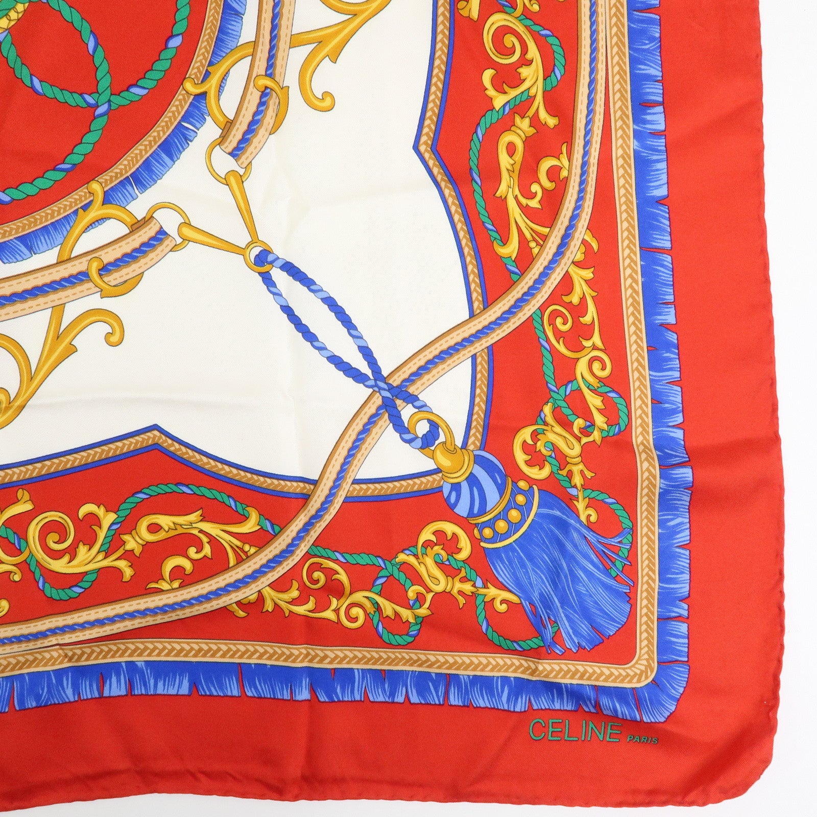 CELINE Silk100% Tassel Chain Print Scarf Shawl Blue Red Yellow