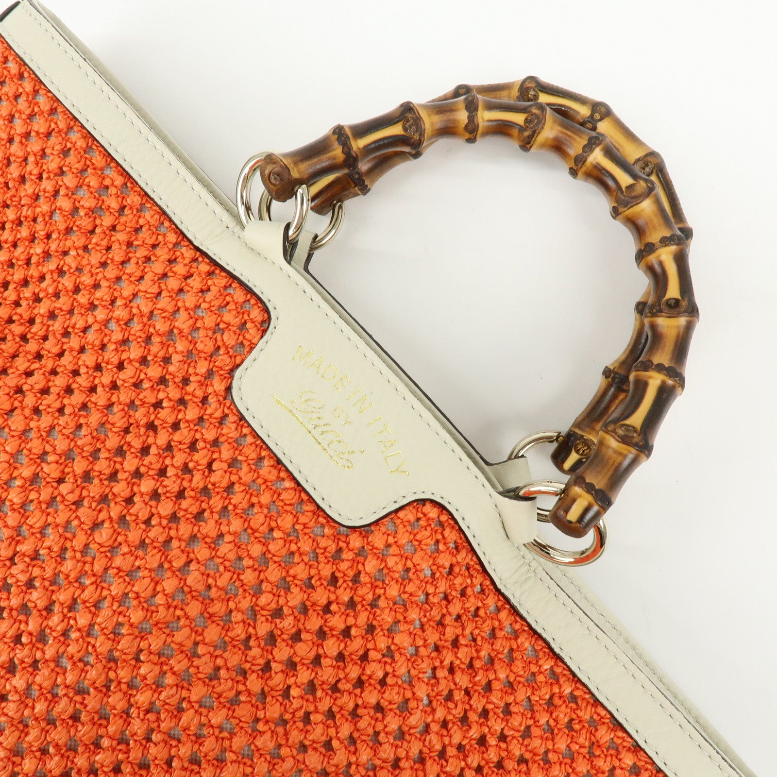 GUCCI Bamboo Raffia Leather Tote Bag Hand Bag Orange White 338965