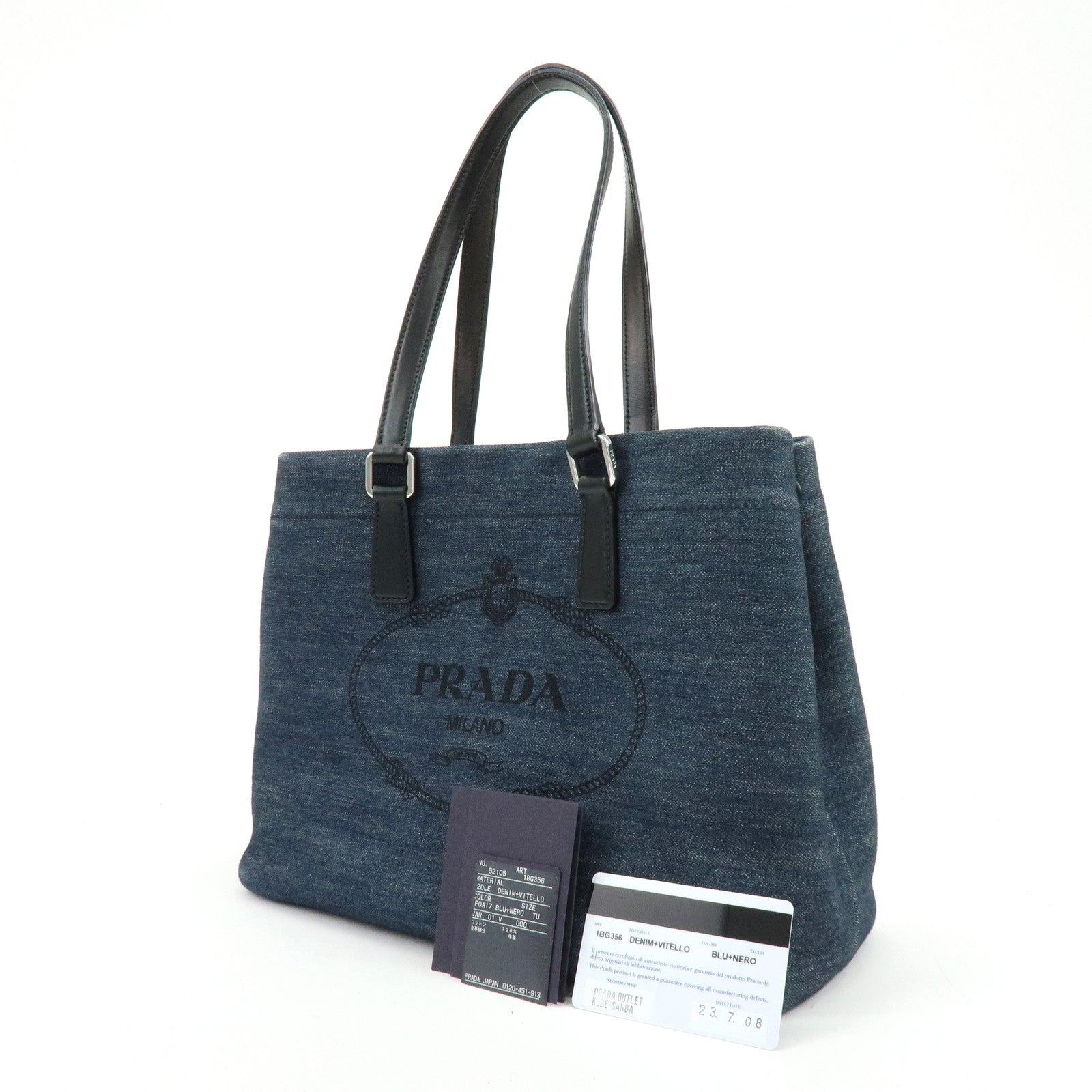 PRADA Logo Denim Leather Tote Bag Shoulder Hand Bag Navy Black 1BG356