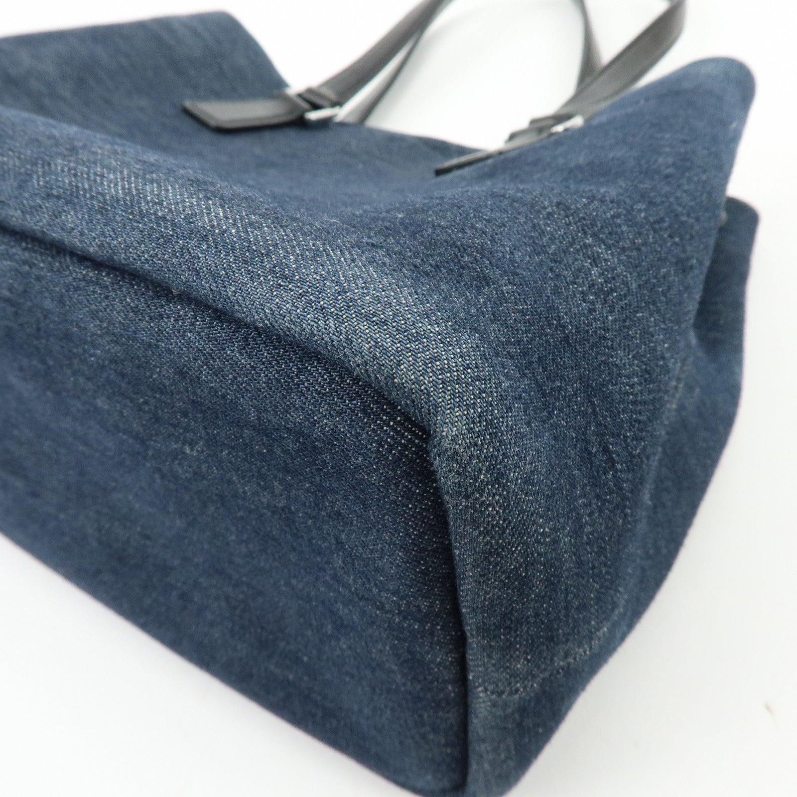 PRADA Logo Denim Leather Tote Bag Shoulder Hand Bag Navy Black 1BG356