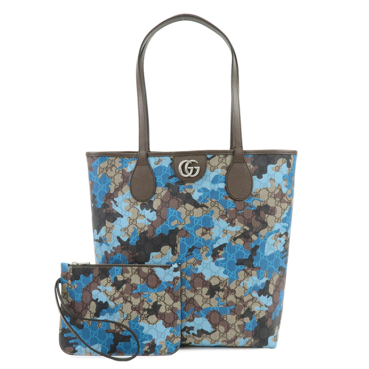 GUCCI Double G GG Supreme Leather Tote Bag Camouflage Beige Blue 858016