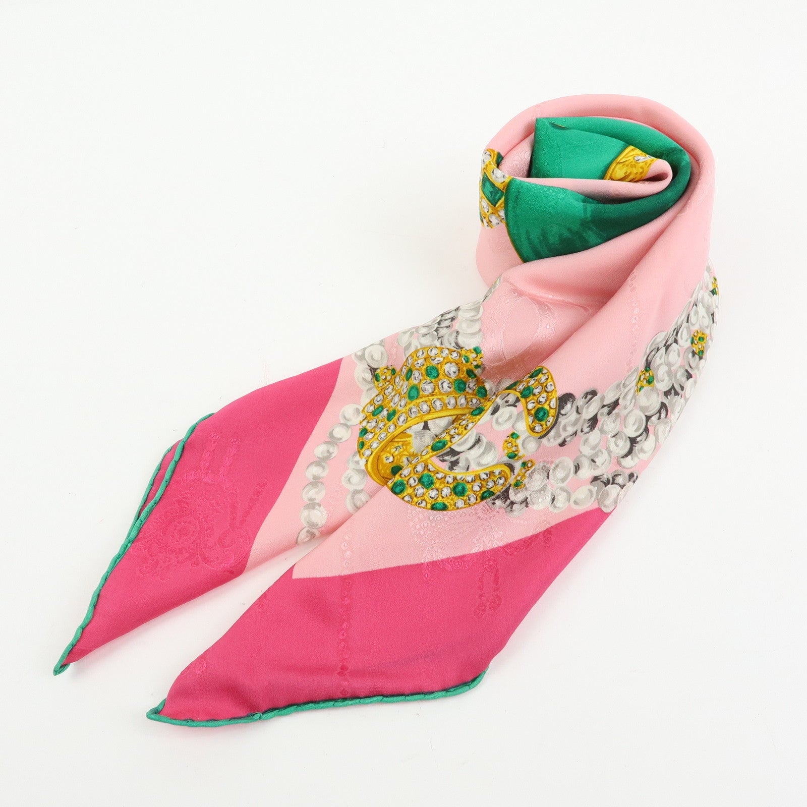 Cartier Silk 100% Scarf Jeweled Panther Motif Pink Green