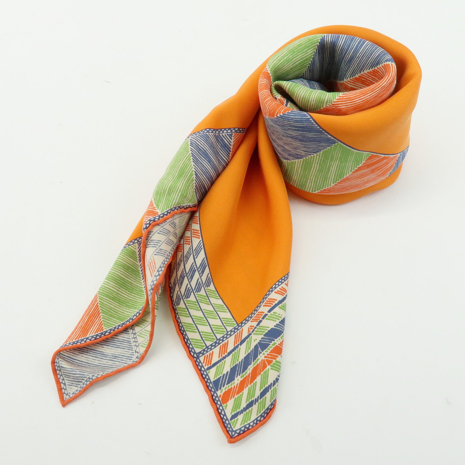 HERMES Carre 90 Silk 100% Scarf Favori du Faubourg Wash Orange Blue