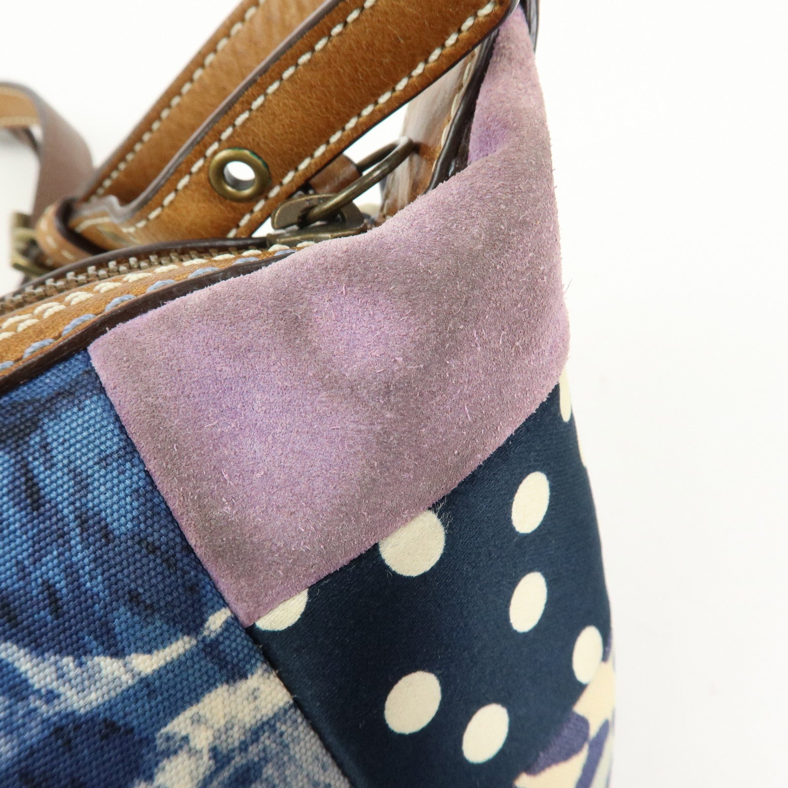 COACH Sigunature Canvas Silk Leather Patchwork Shoulder Bag Blue Brown
