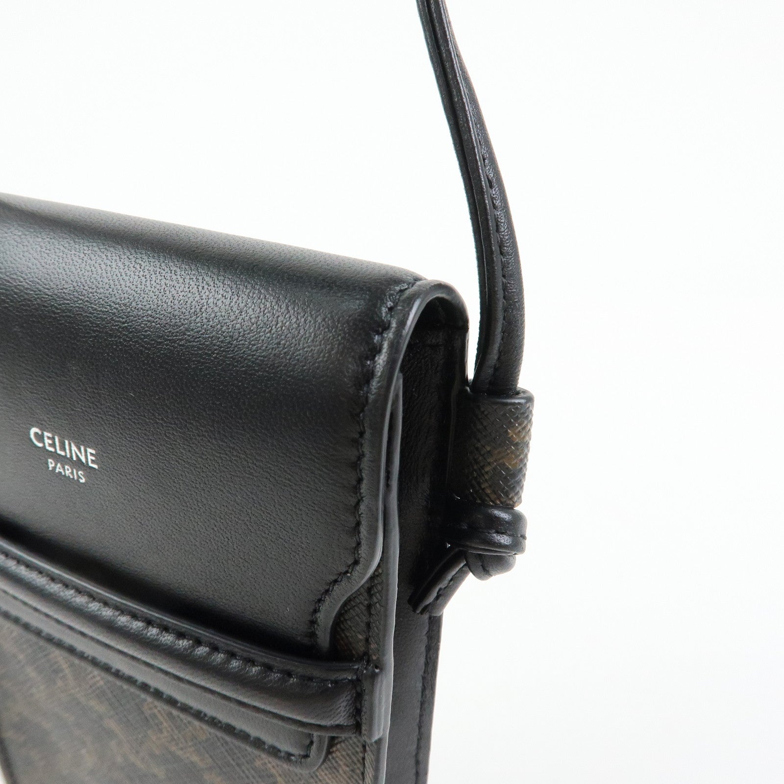 CELINE Triomphe PVC Leahter Mobile Pouch Phone Case Black Brown