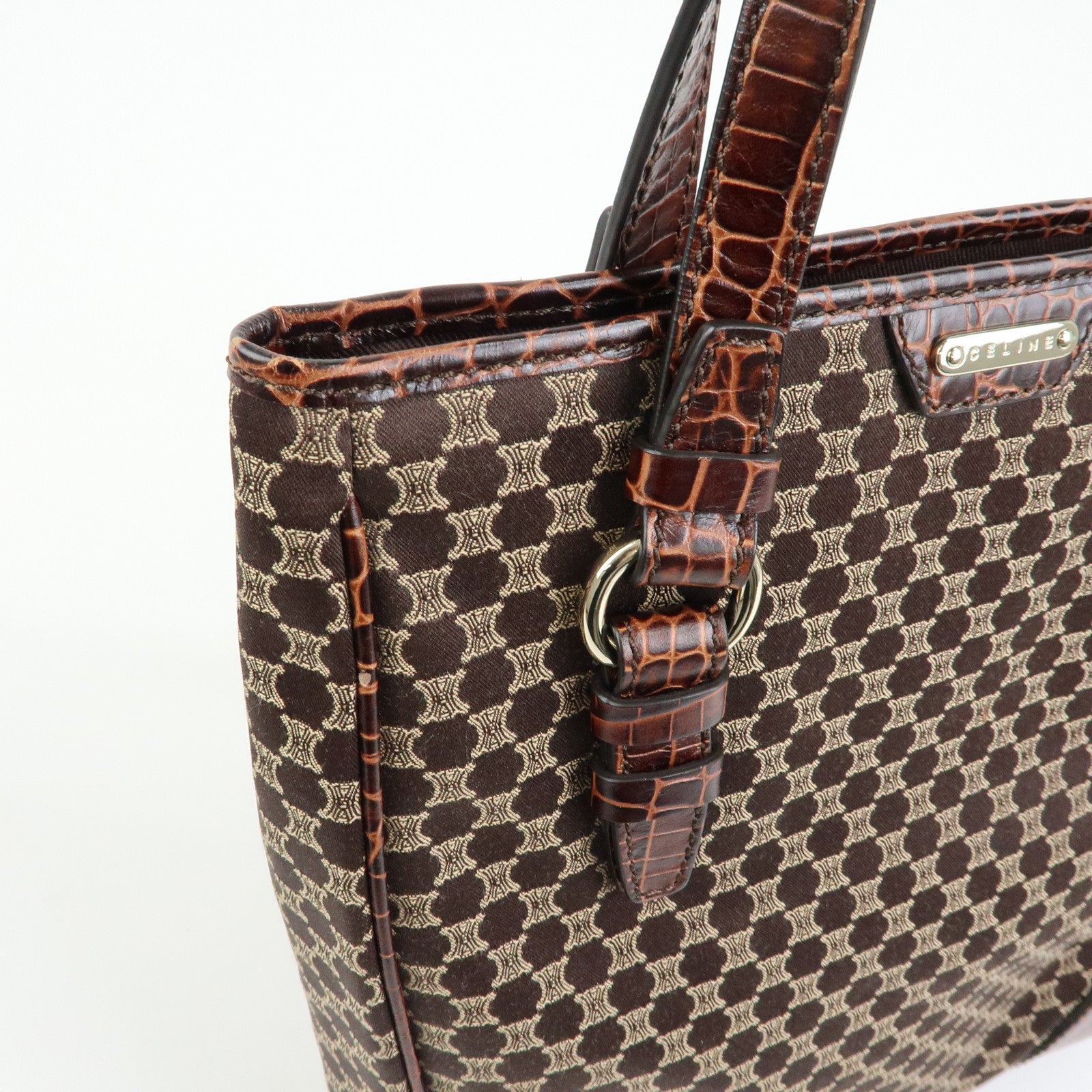 CELINE Macadam Embossed Leather Canvas Tote Bag Hand Bag Brown