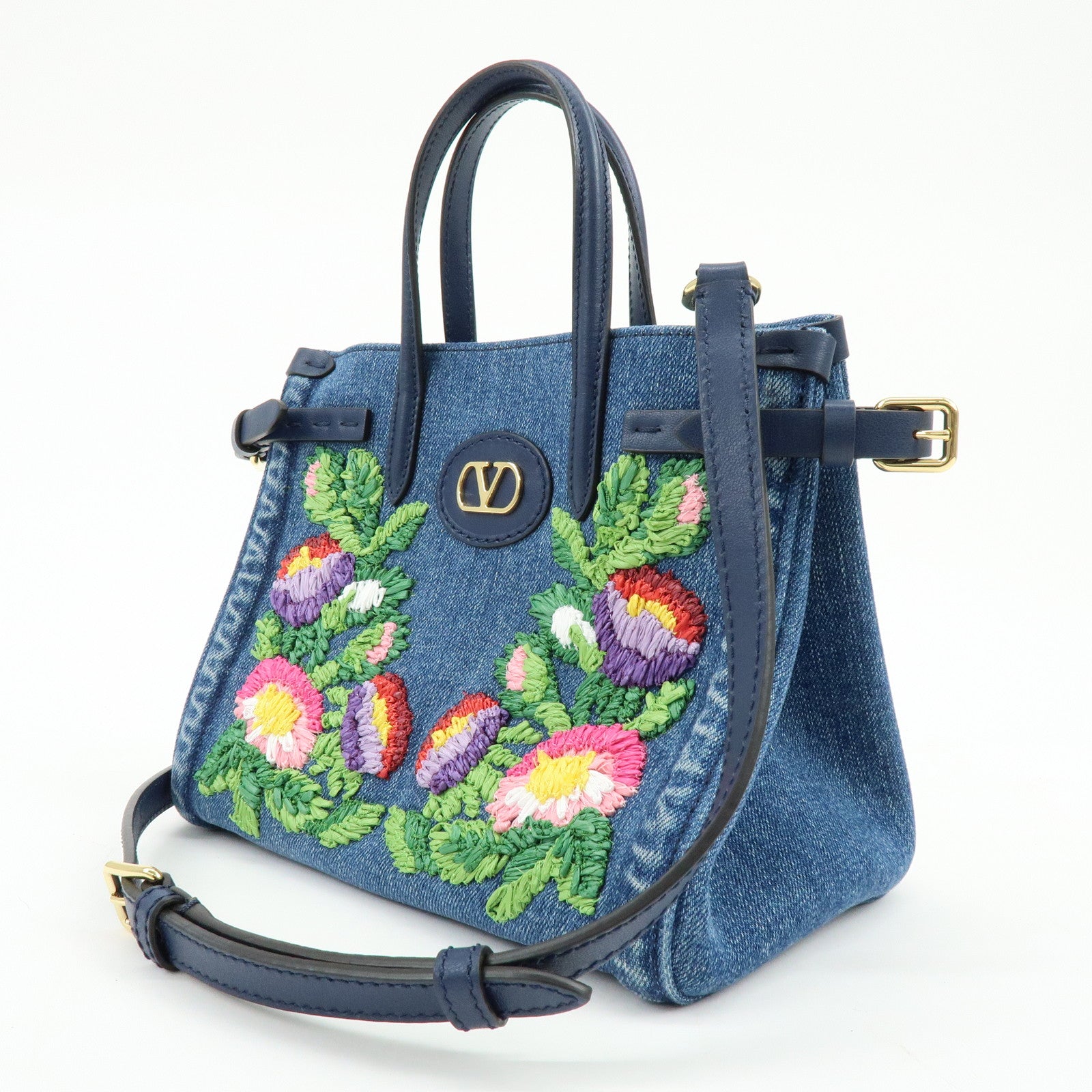 VALENTINO Denim Leather 2Way Hand Shoulder Bag Flower Embroidered