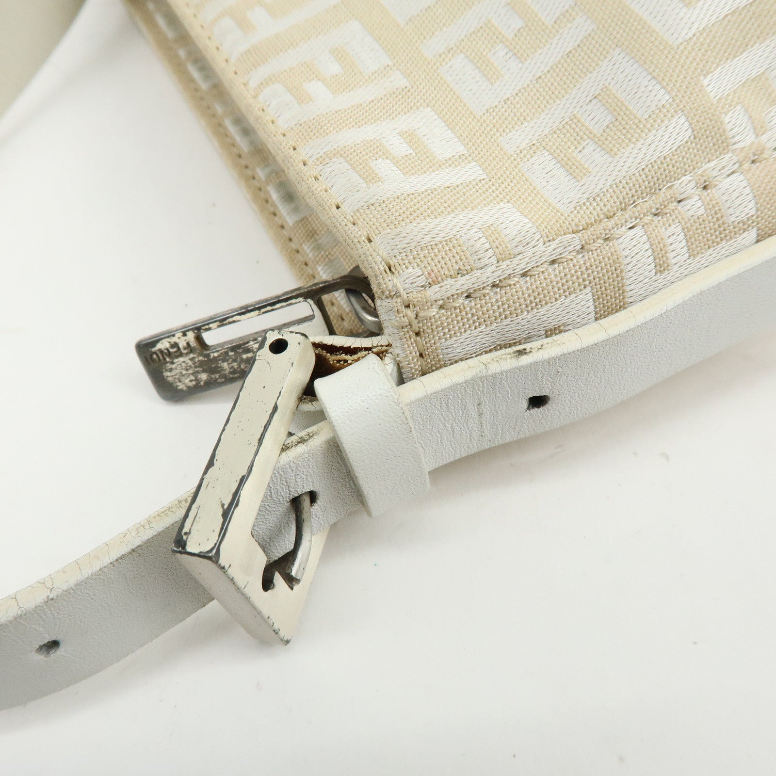 FENDI Zucchino Canvas Leather Shoulder Bag Hand Bag Beige White 8BR042