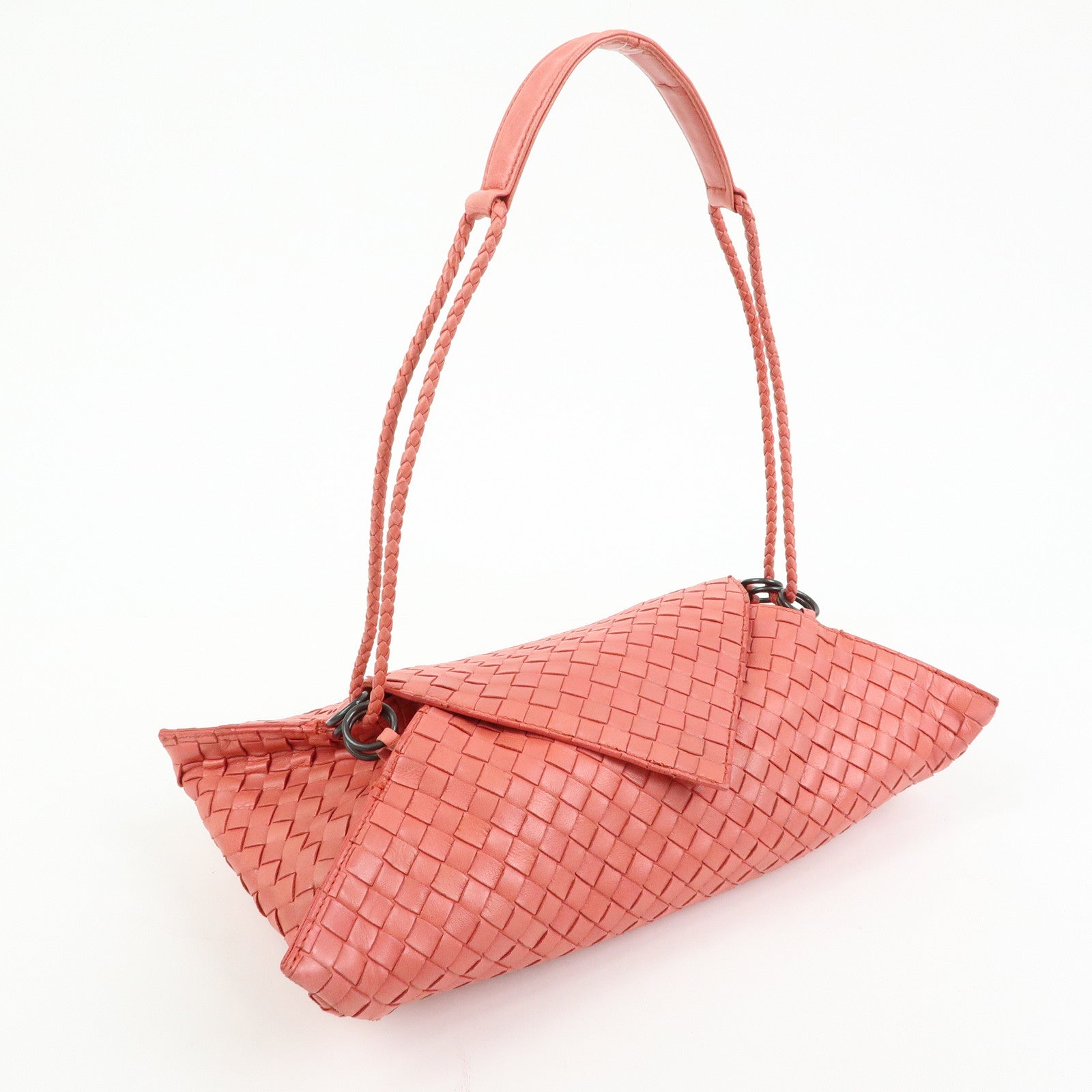 BOTTEGA VENETA Intracciato Leather Shoulder Bag  Hand Bag Coral V0016