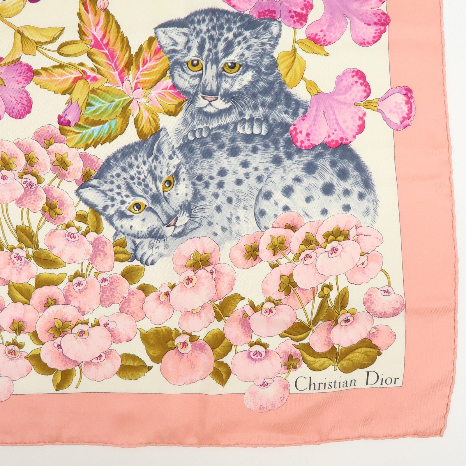 Christian Dior Set of 2 Silk 100% Scarf Flower Cat Paisley Pink Black