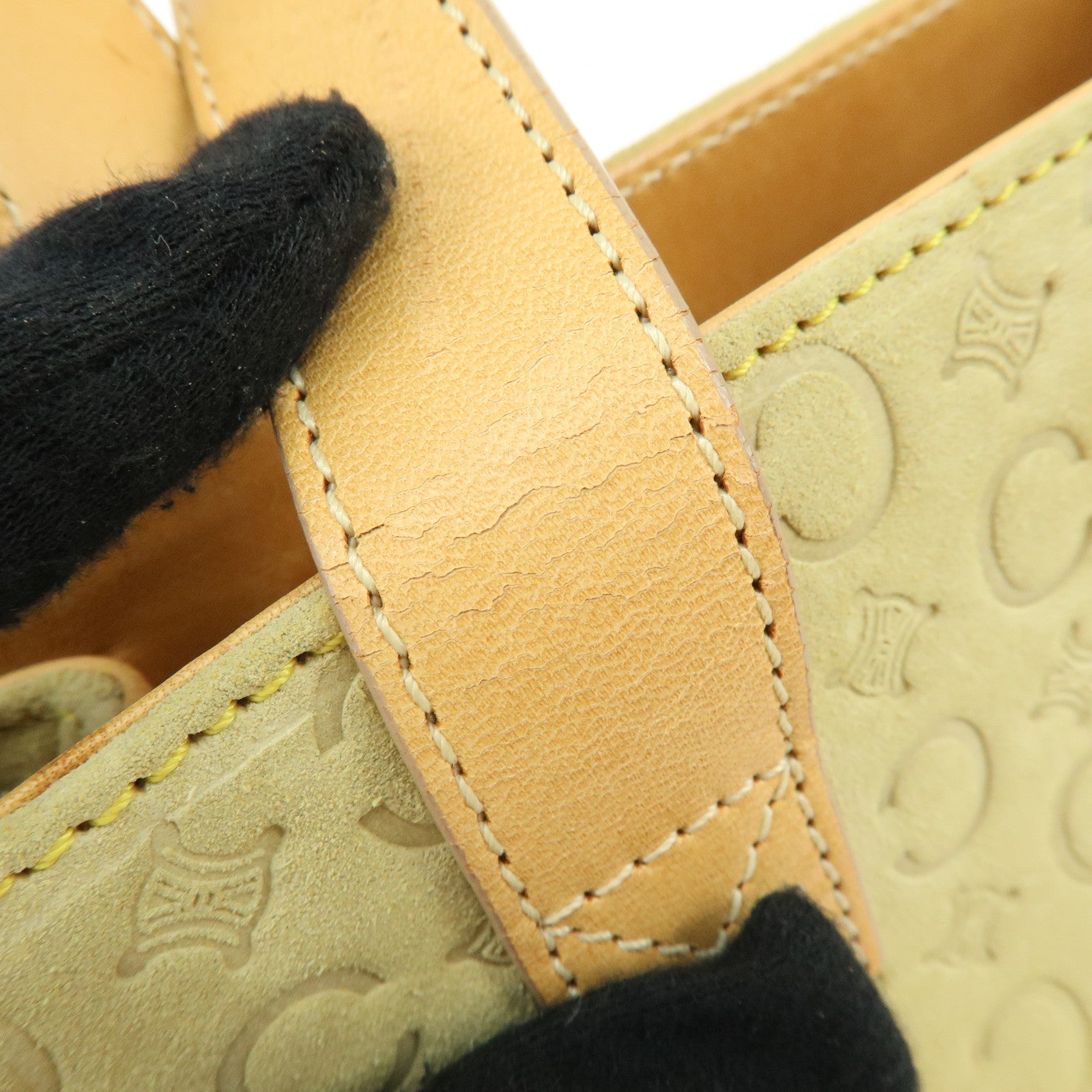 CELINE C Macadam Suede Leather Hand Bag Tote Bag Light Green