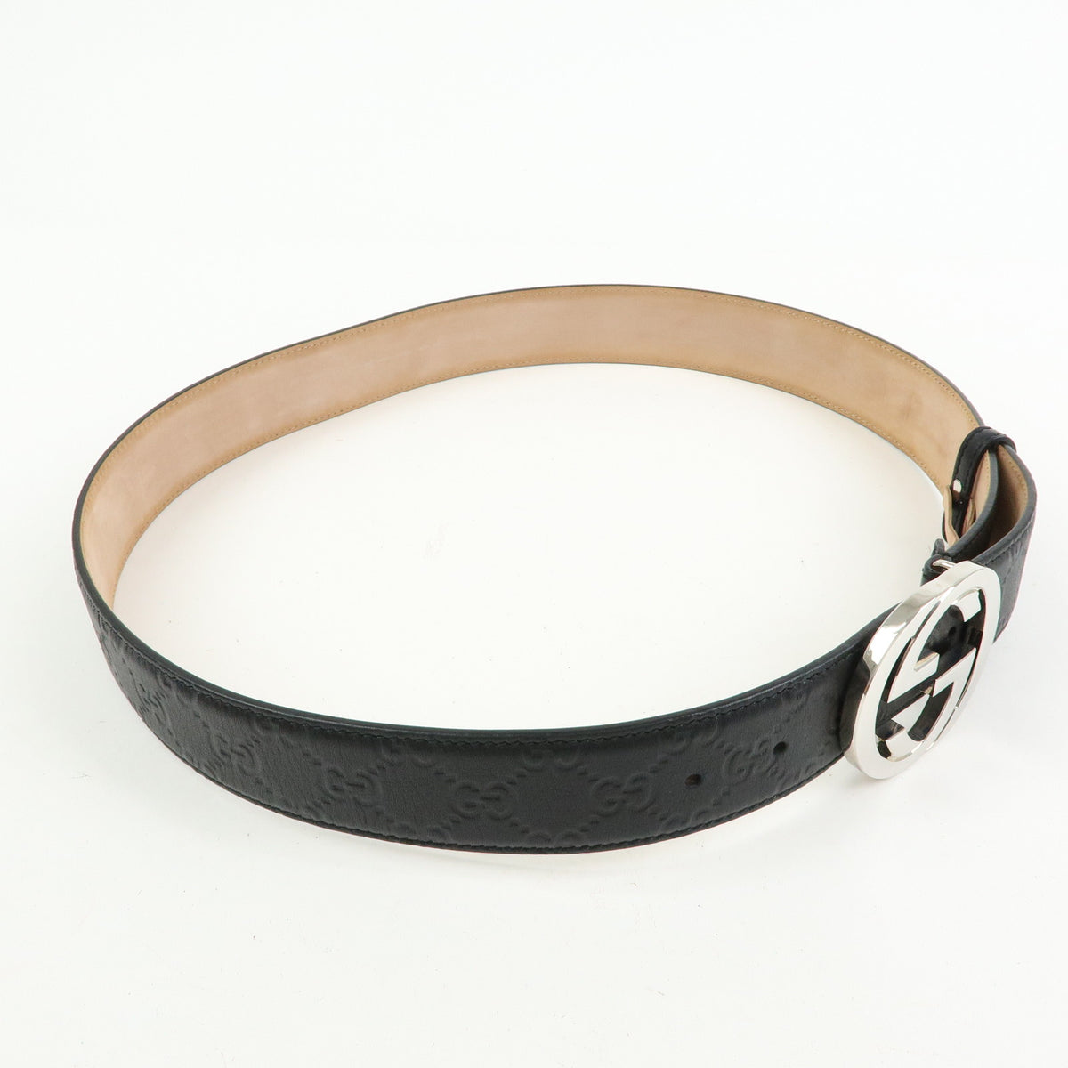 GUCCI Interlocking G Guccissima Leather Belt Black Silver 114984