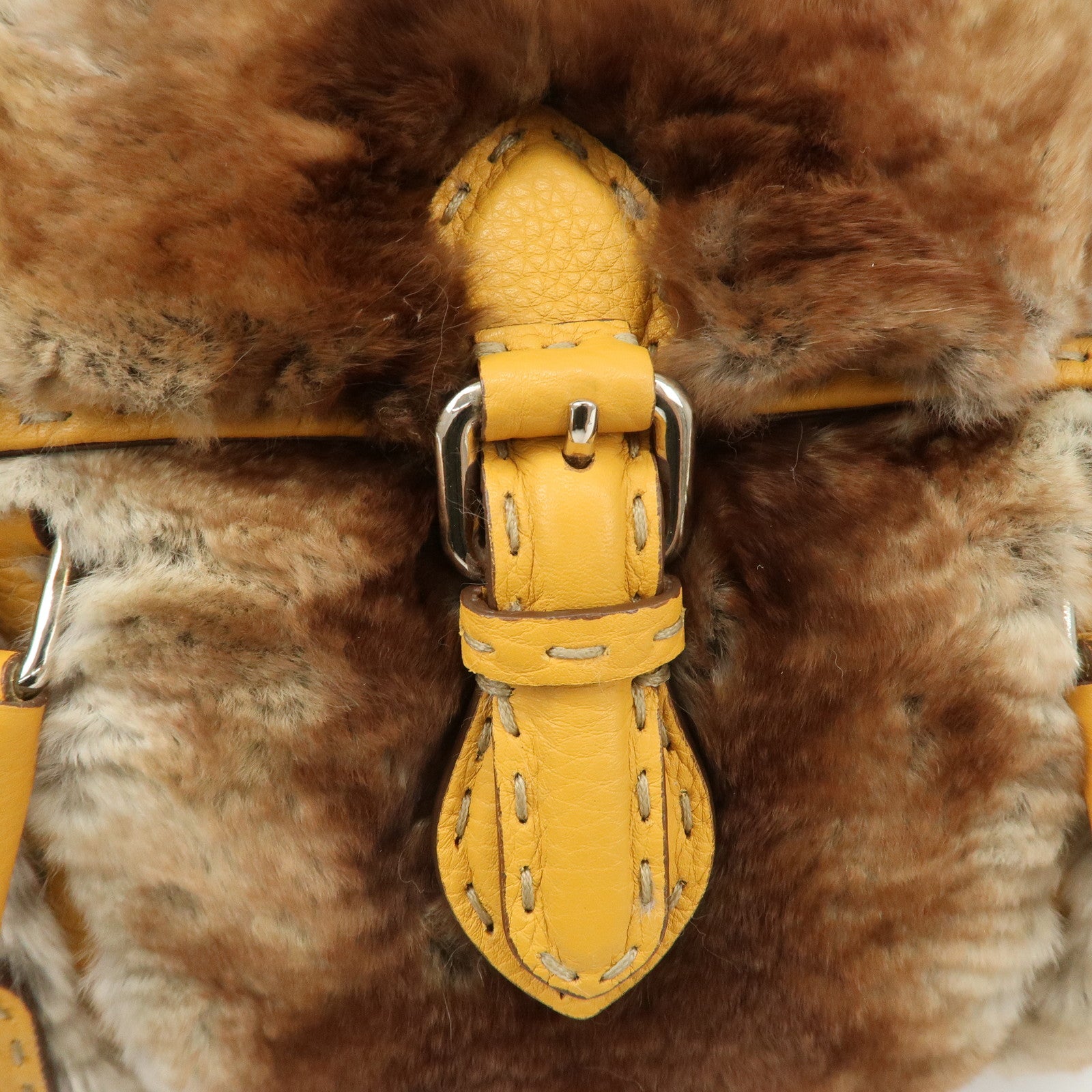 FENDI Seleria Leather Fur Mini Linda Hand Bag Brown White 8BR486 Used