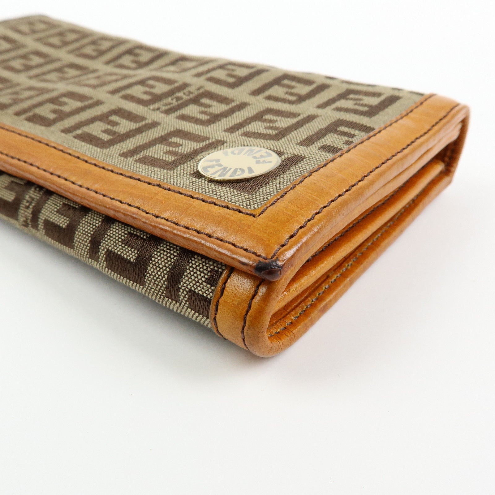 FENDI Zucchino Jacquard Canvas Leather Bi-fold Long Wallet Beige 8M0000