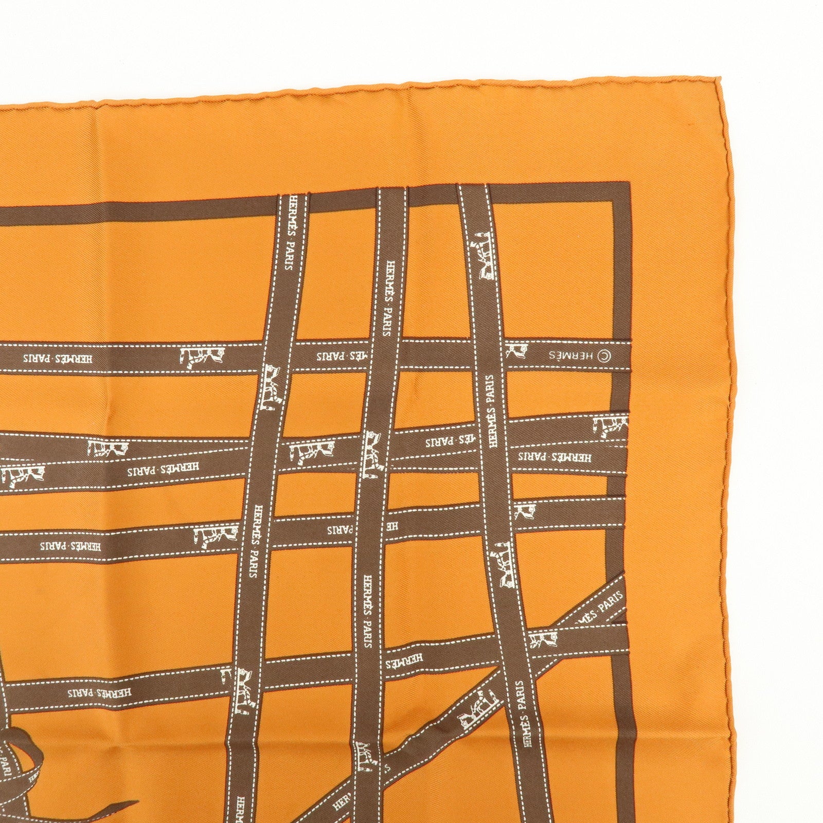HERMES Carre 45 Bolduc Silk 100% Scarf Ribbon Pattern Orange Brown