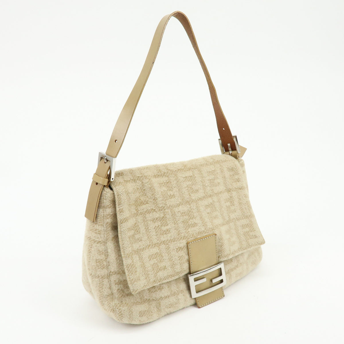 FENDI Mamma Baguette Zucca Wool Leather Shoulder Bag Beige 26325