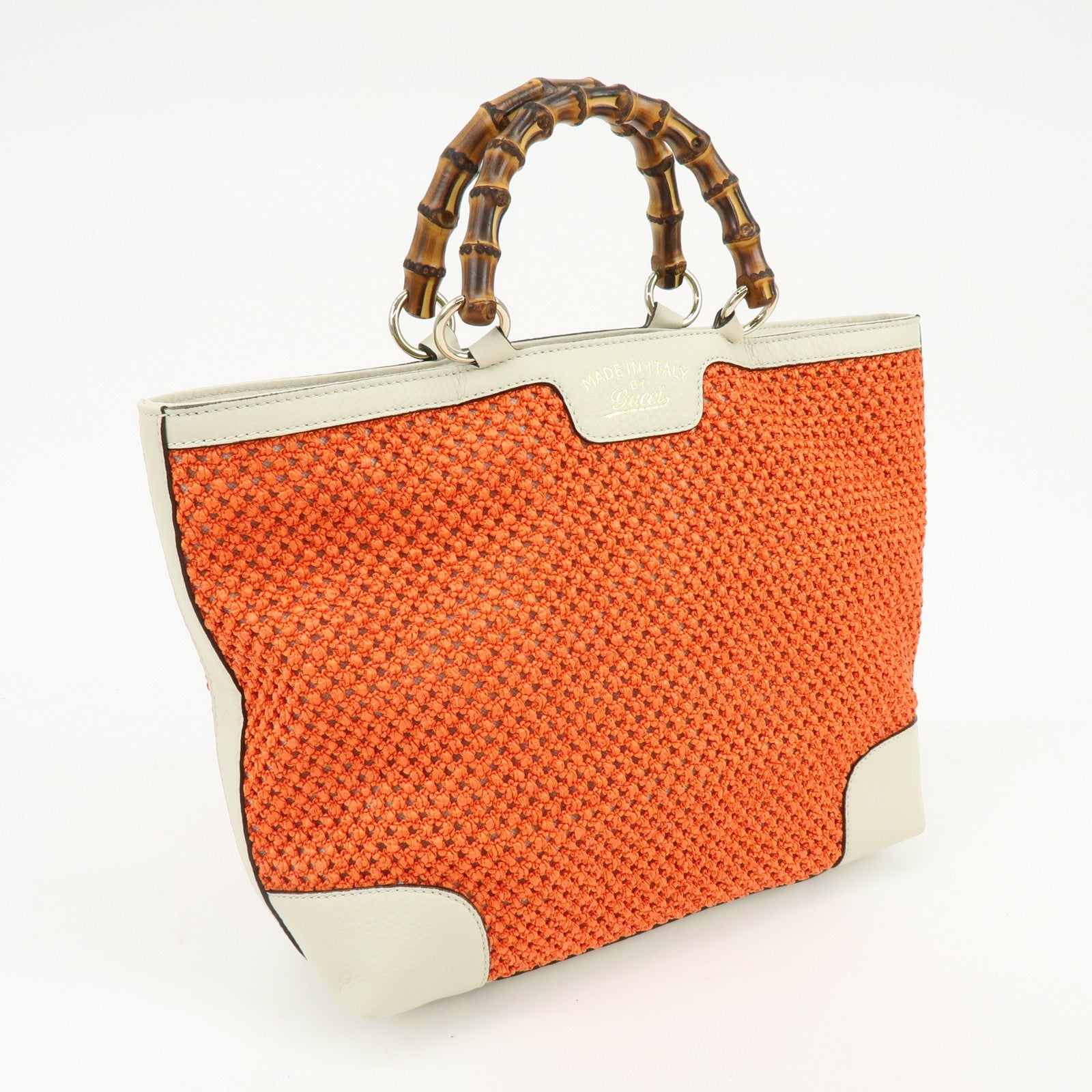 GUCCI Bamboo Raffia Leather Tote Bag Hand Bag Orange White 338965