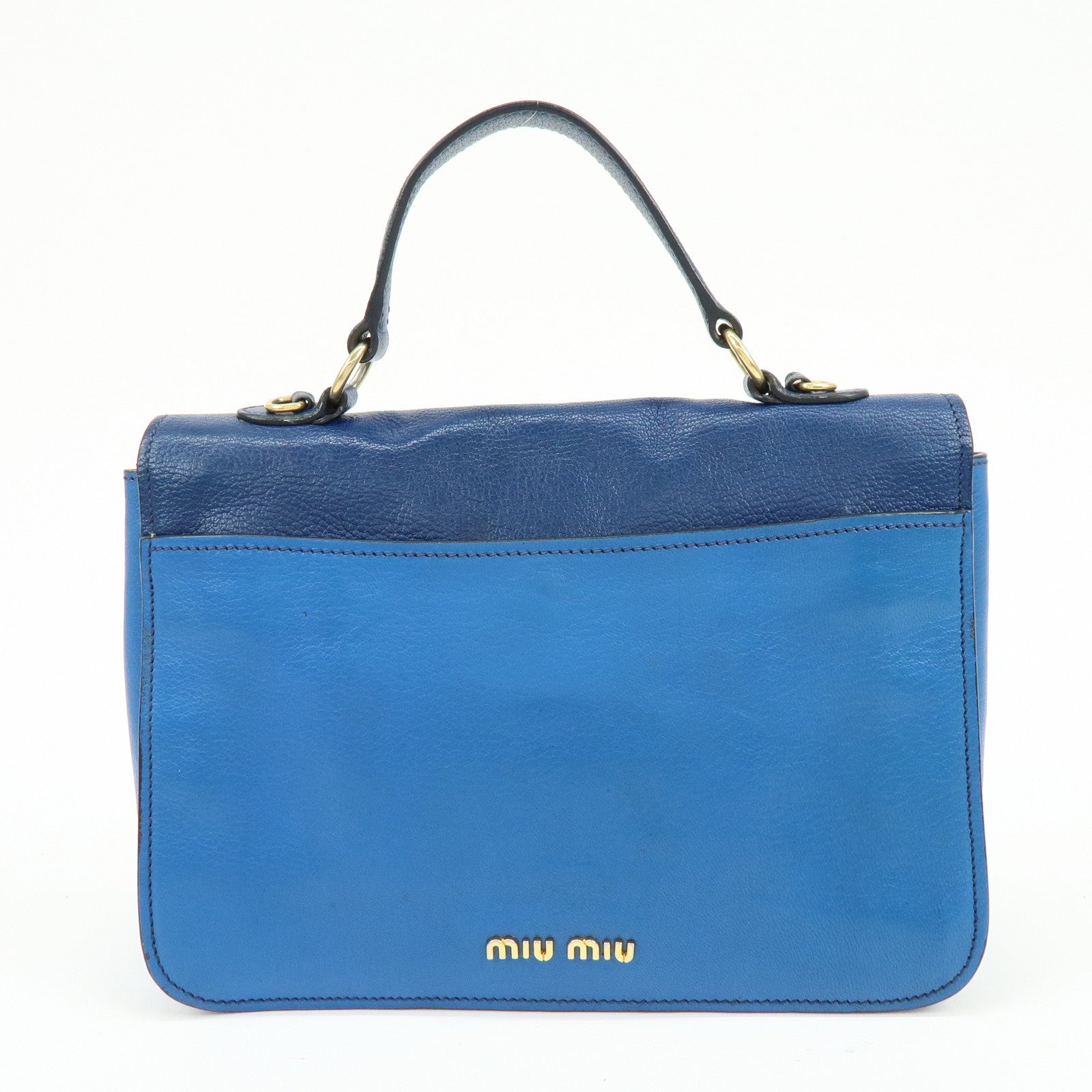 MIU MIU Logo Madras Leather Flap 2Way Bag Hand Bag Blue Navy
