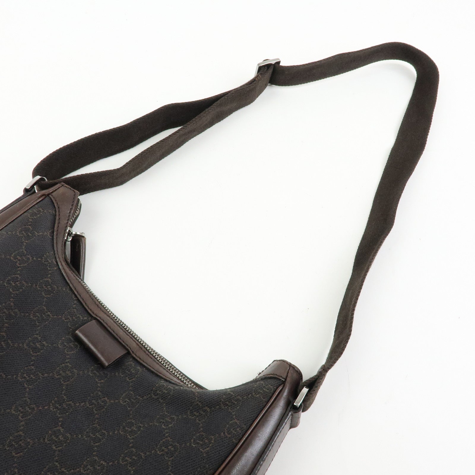 GUCCI GG Denim Leather Half Moon Shoulder Bag Dark Brown 101682